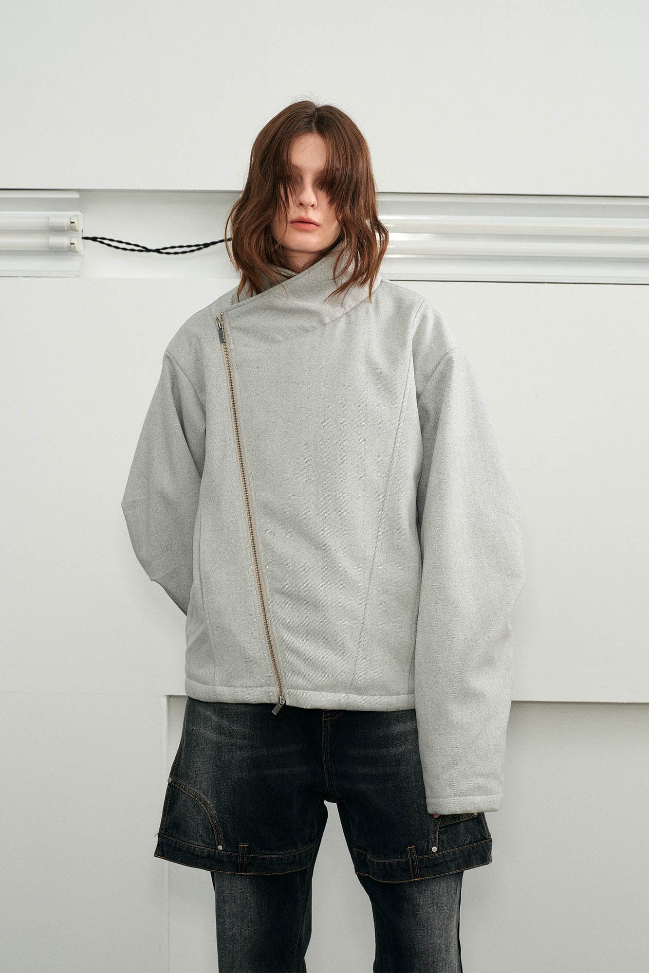KREATE Detachable Faux Fur Collar Asymmetrical Jacket, premium urban and streetwear designers apparel on PROJECTISR.com, KREATE