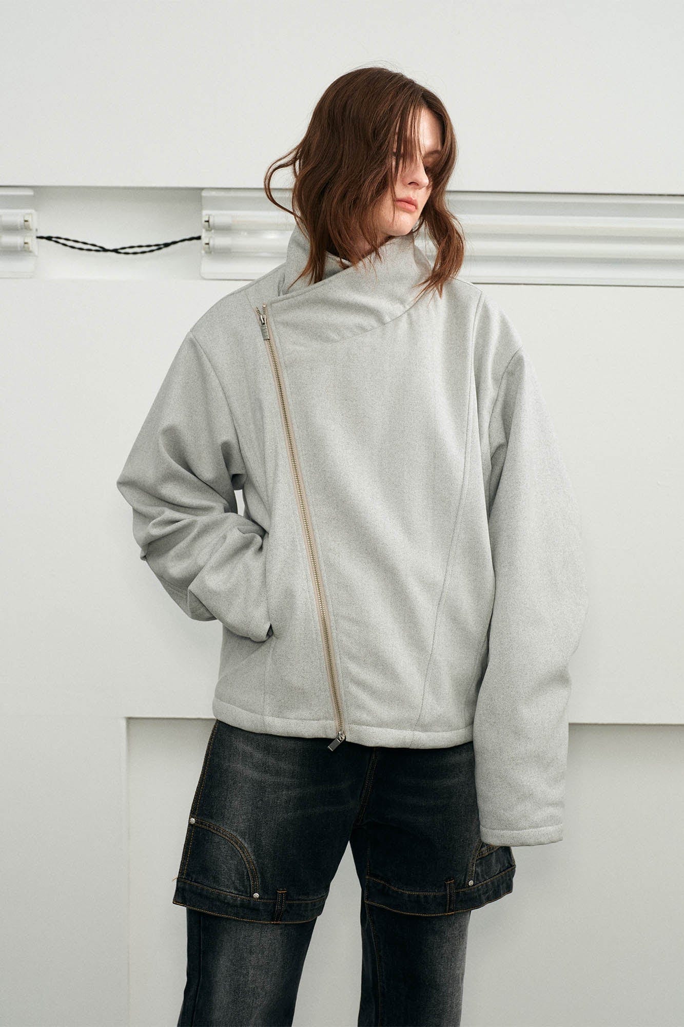 KREATE Detachable Faux Fur Collar Asymmetrical Jacket, premium urban and streetwear designers apparel on PROJECTISR.com, KREATE