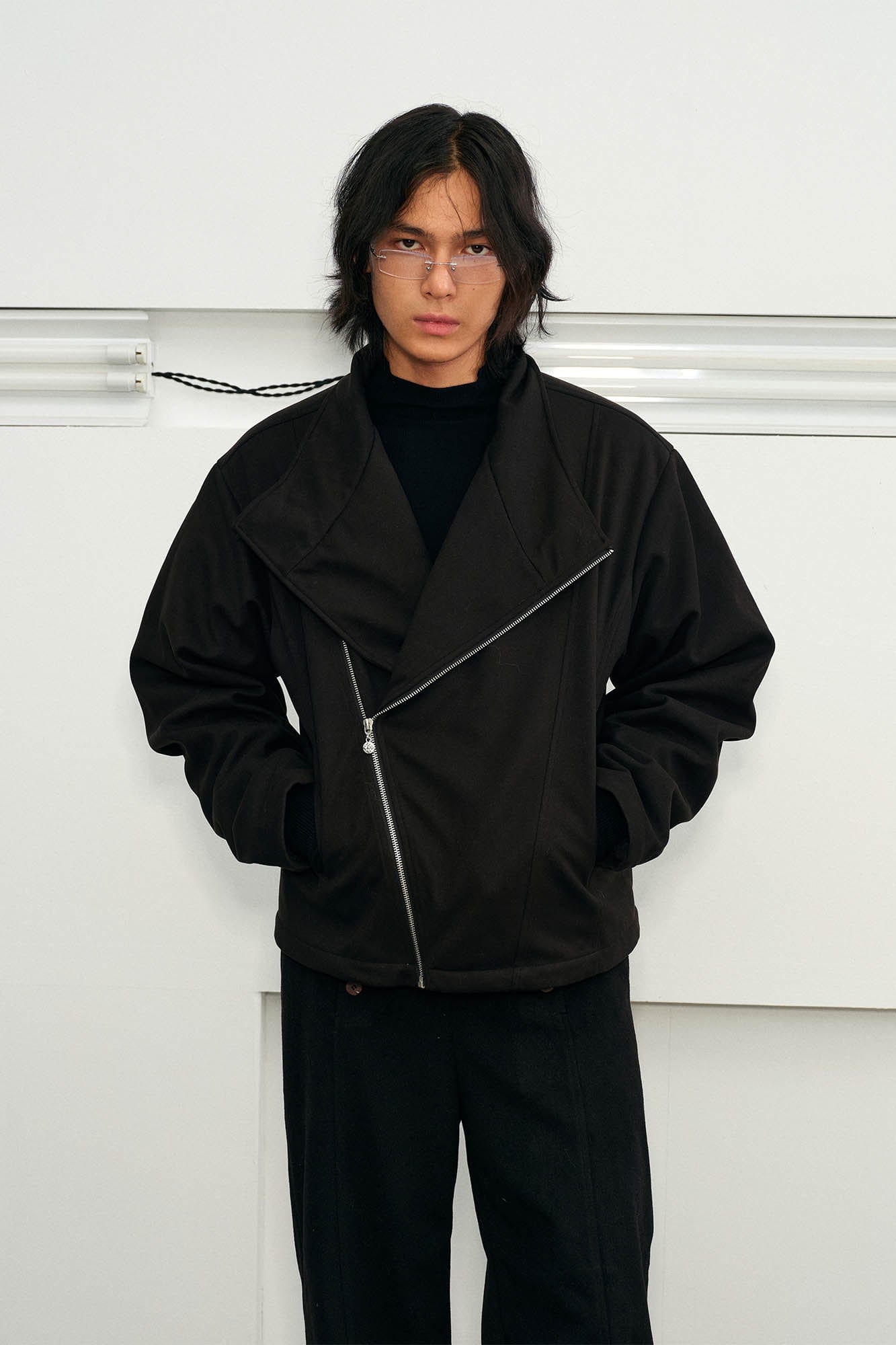 KREATE Detachable Faux Fur Collar Asymmetrical Jacket, premium urban and streetwear designers apparel on PROJECTISR.com, KREATE