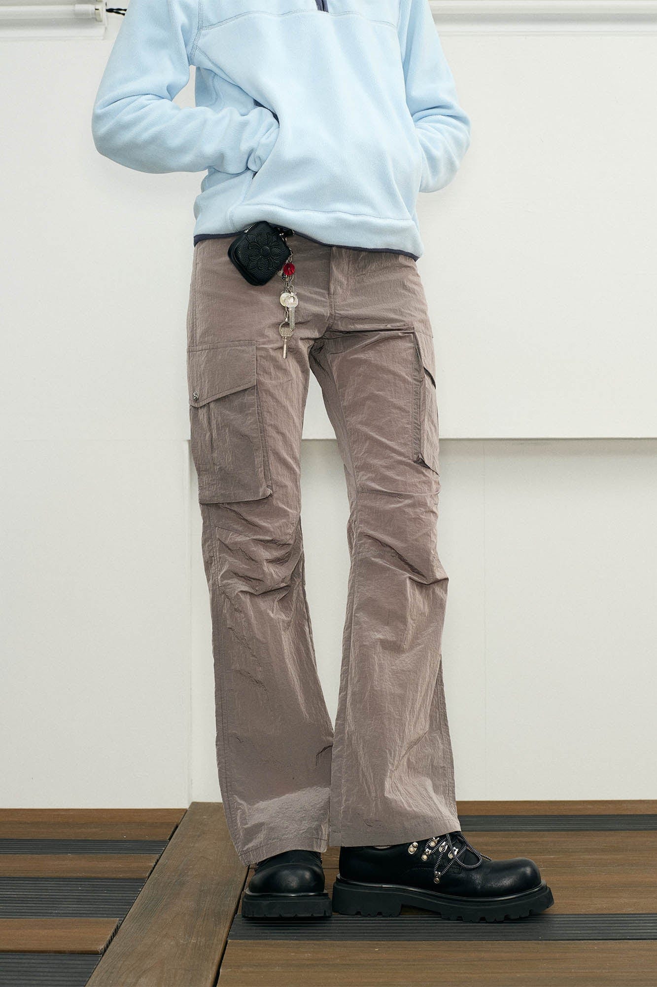 KREATE Liquid Metal Crinkled Flared Cargo, premium urban and streetwear designers apparel on PROJECTISR.com, KREATE