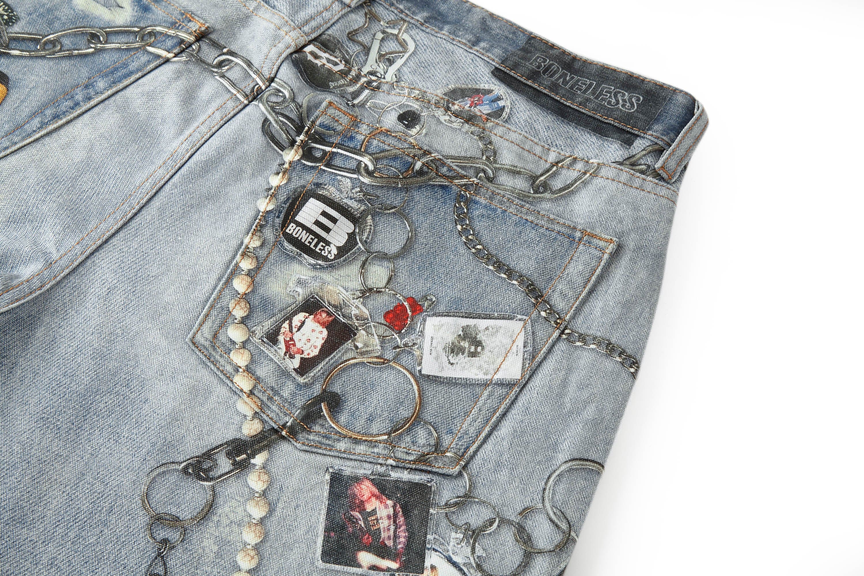 BONELESS Retro Chain Graphic Washed Jeans, premium urban and streetwear designers apparel on PROJECTISR.com, BONELESS