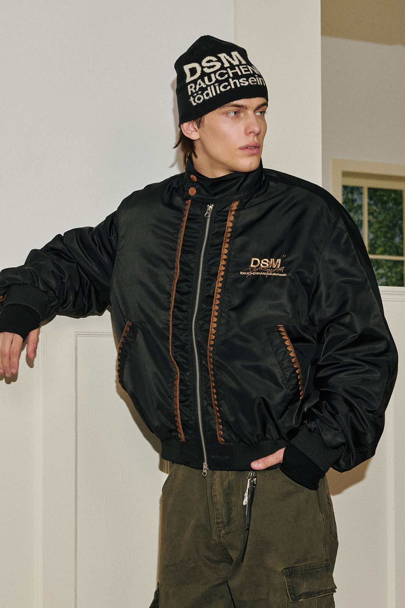 DONSMOKE Glossy Contrast Whipstitch Bomber Jacket, premium urban and streetwear designers apparel on PROJECTISR.com, DONSMOKE