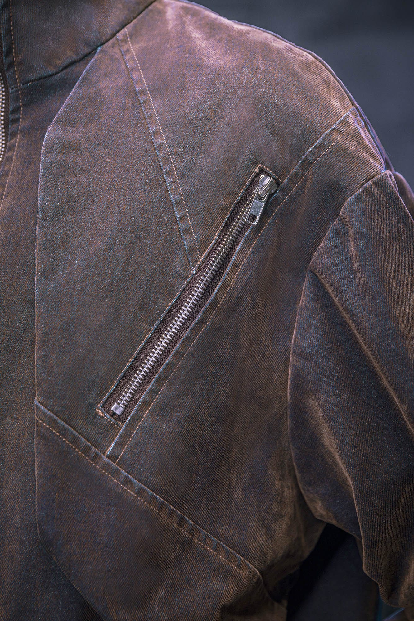 XIPHEVIL Mech Deconstructed Washed Denim Jacket Brown, premium urban and streetwear designers apparel on PROJECTISR.com, XIPHEVIL