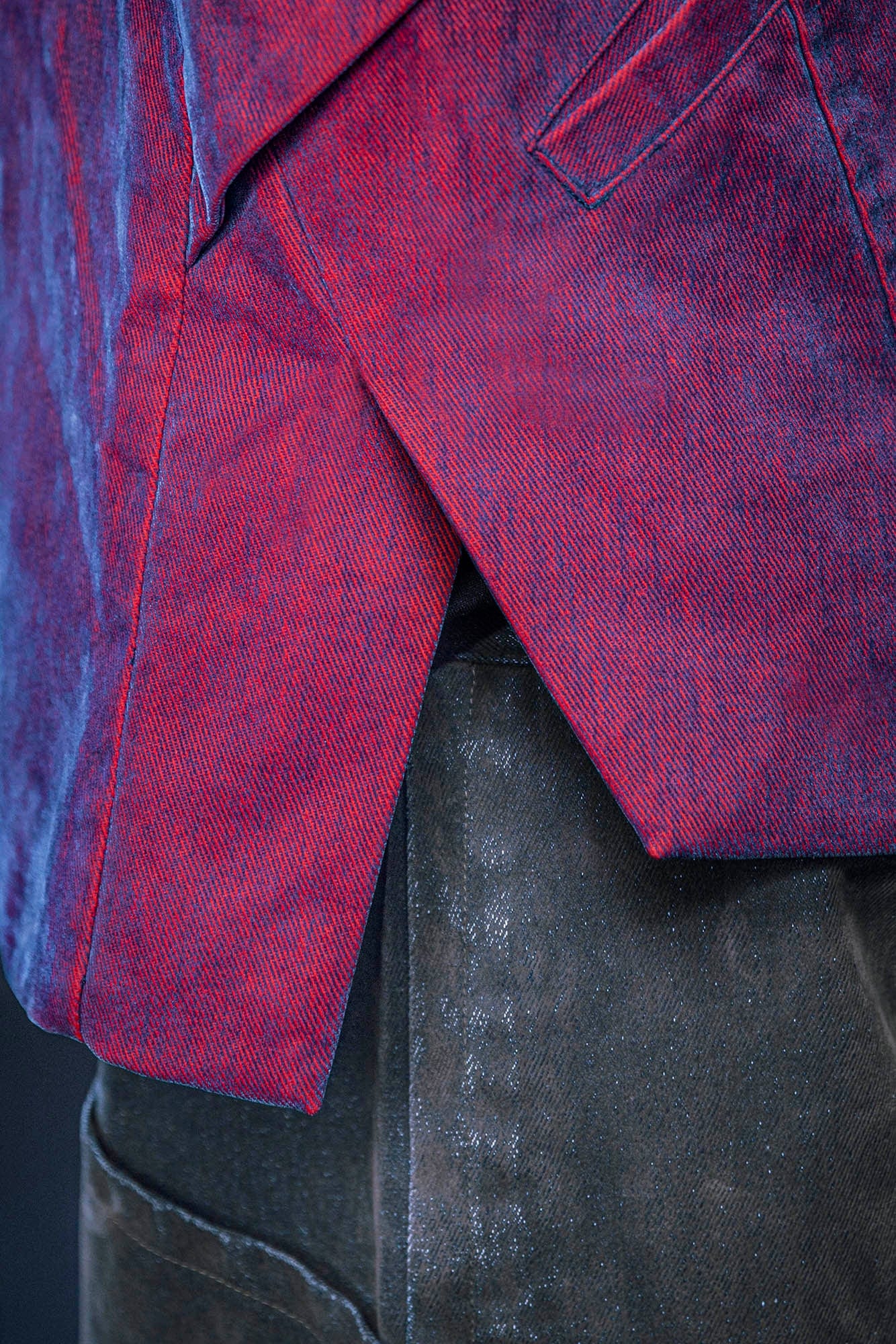 XIPHEVIL Mech Deconstructed Washed Denim Jacket Red, premium urban and streetwear designers apparel on PROJECTISR.com, XIPHEVIL