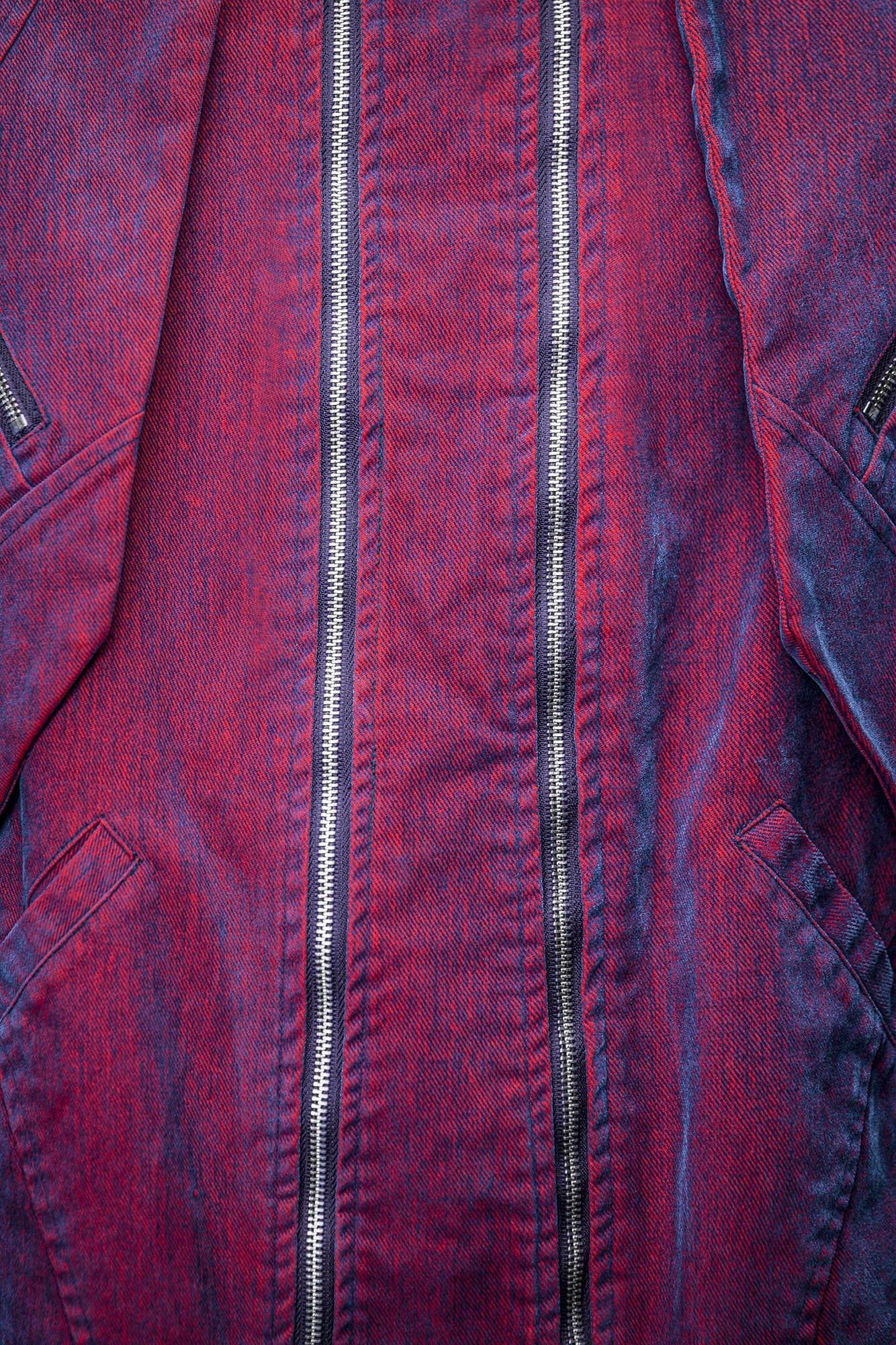XIPHEVIL Mech Deconstructed Washed Denim Jacket Red, premium urban and streetwear designers apparel on PROJECTISR.com, XIPHEVIL