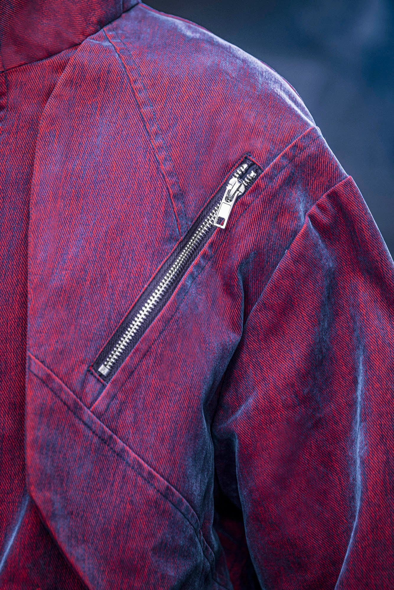 XIPHEVIL Mech Deconstructed Washed Denim Jacket Red, premium urban and streetwear designers apparel on PROJECTISR.com, XIPHEVIL
