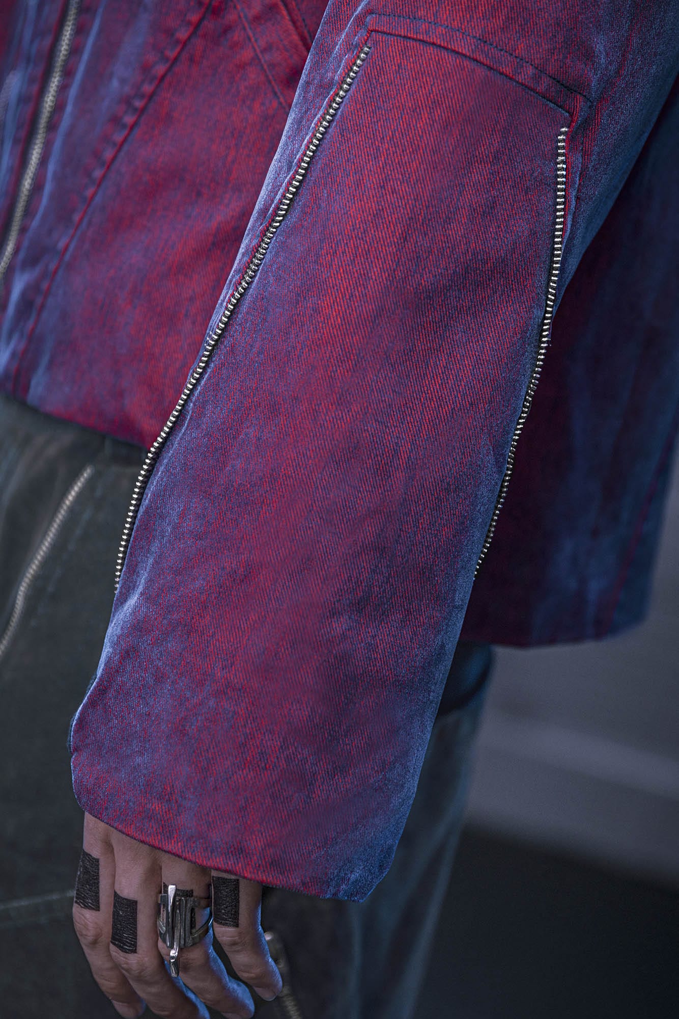 XIPHEVIL Mech Deconstructed Washed Denim Jacket Red, premium urban and streetwear designers apparel on PROJECTISR.com, XIPHEVIL