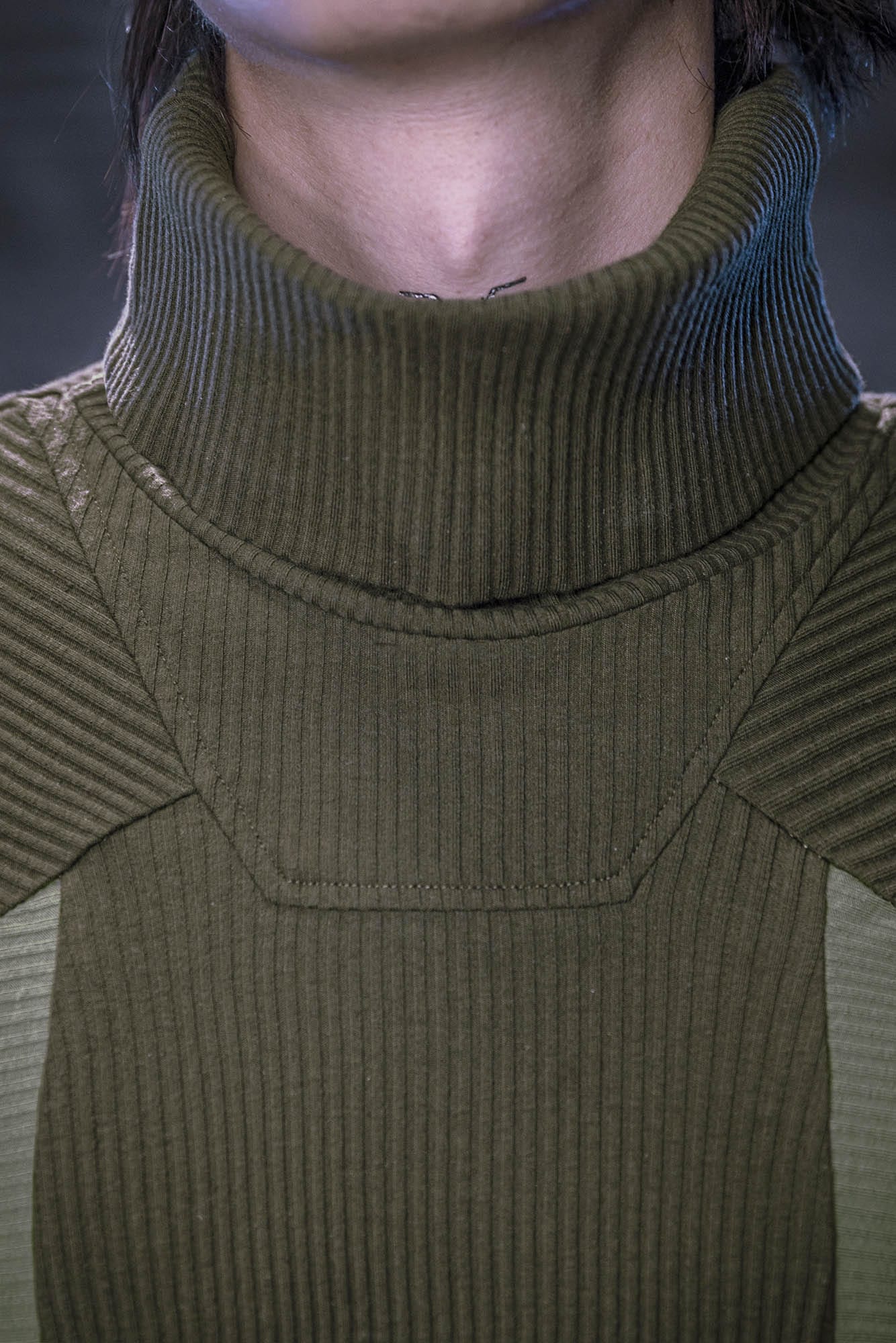 XIPHEVIL Ribbed Paneled Turtleneck Long-Sleeve Tee Green, premium urban and streetwear designers apparel on PROJECTISR.com, XIPHEVIL
