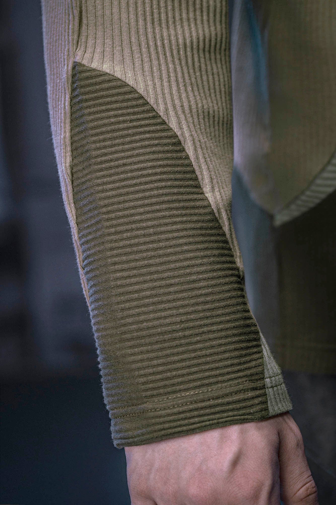 XIPHEVIL Ribbed Paneled Turtleneck Long-Sleeve Tee Green, premium urban and streetwear designers apparel on PROJECTISR.com, XIPHEVIL