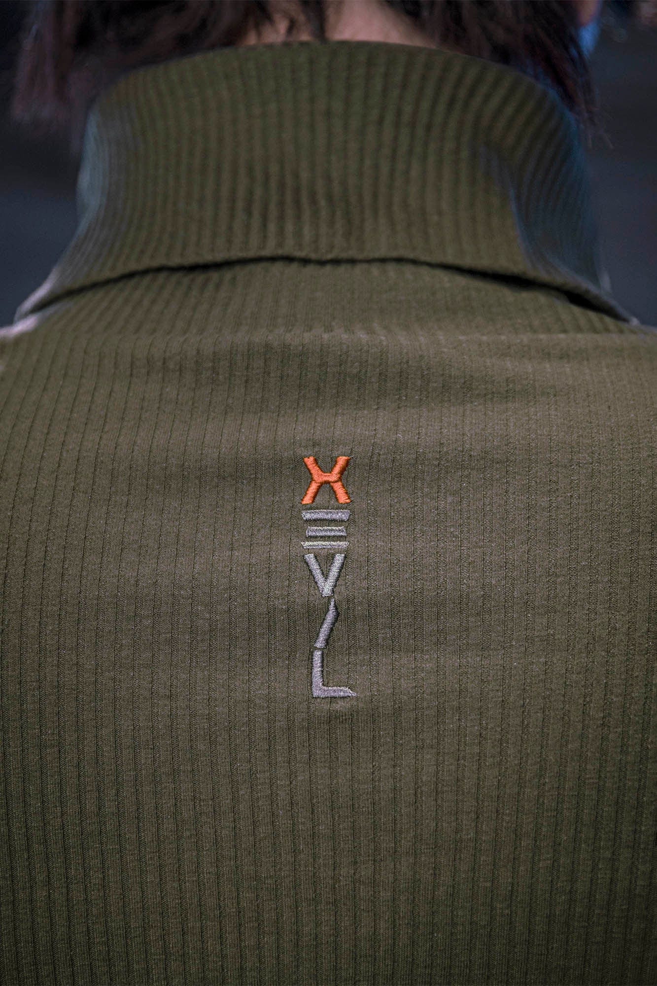 XIPHEVIL Ribbed Paneled Turtleneck Long-Sleeve Tee Green, premium urban and streetwear designers apparel on PROJECTISR.com, XIPHEVIL