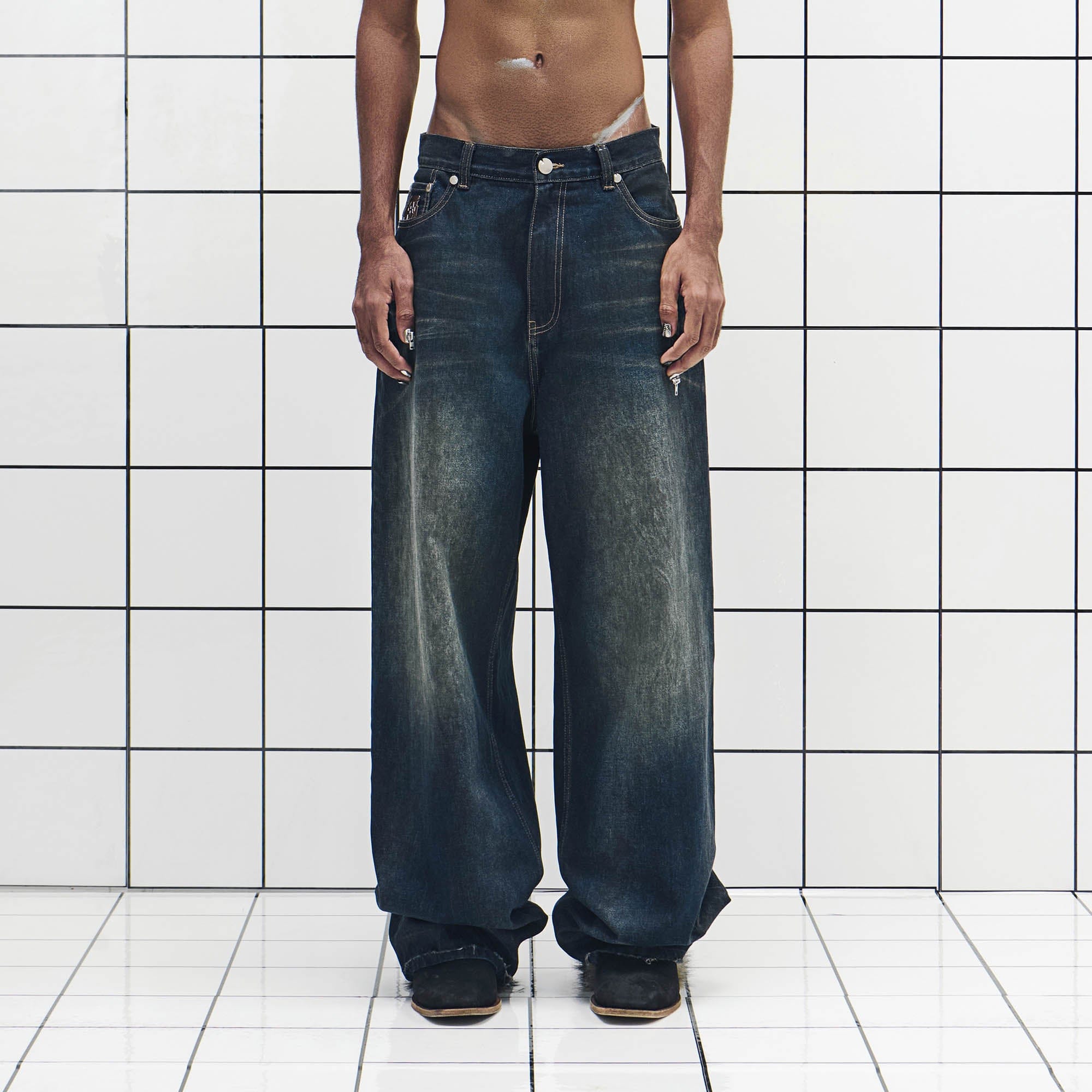 455EMBLE Washed PU-Pocket Baggy Jeans, premium urban and streetwear designers apparel on PROJECTISR.com, 455EMBLE