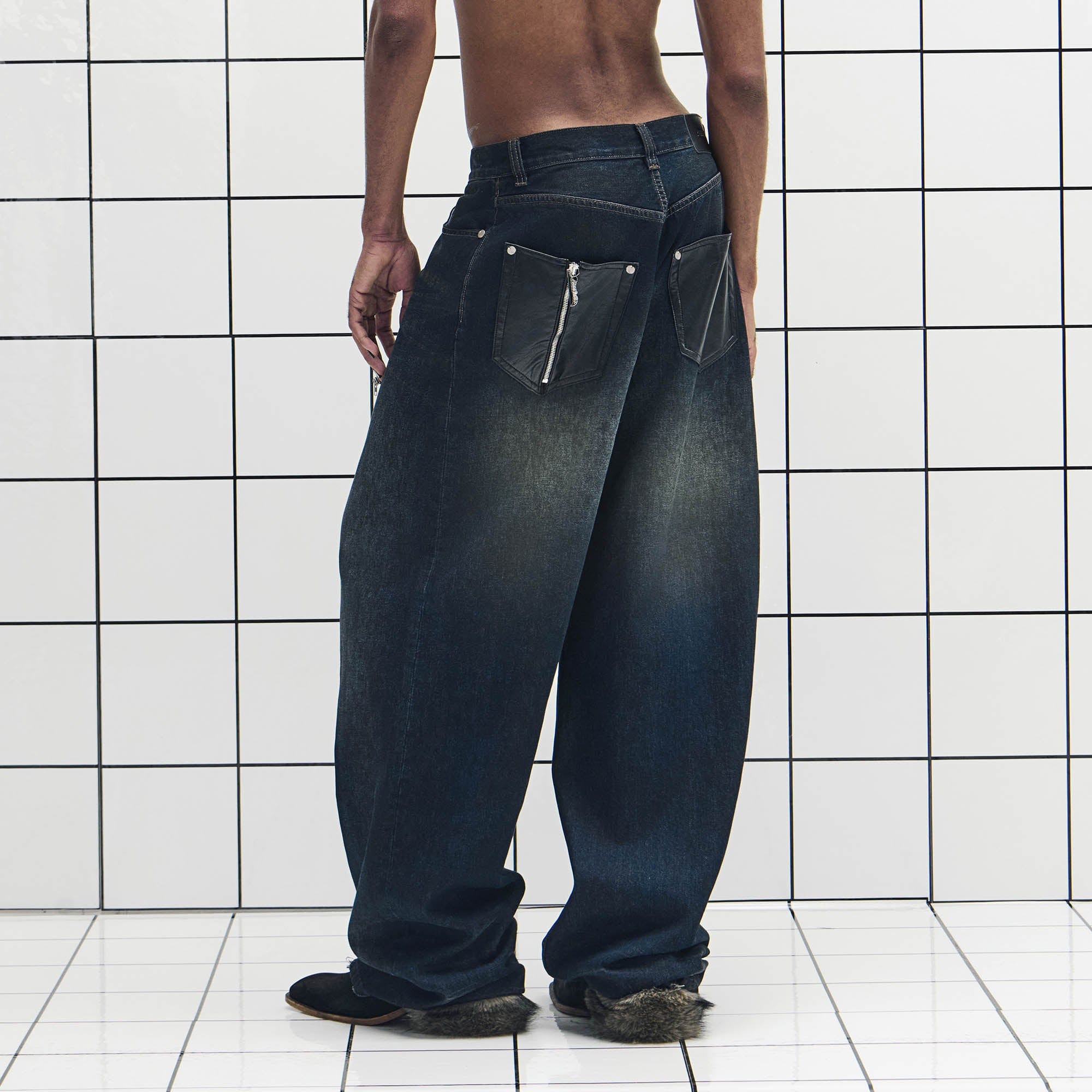 455EMBLE Washed PU-Pocket Baggy Jeans, premium urban and streetwear designers apparel on PROJECTISR.com, 455EMBLE