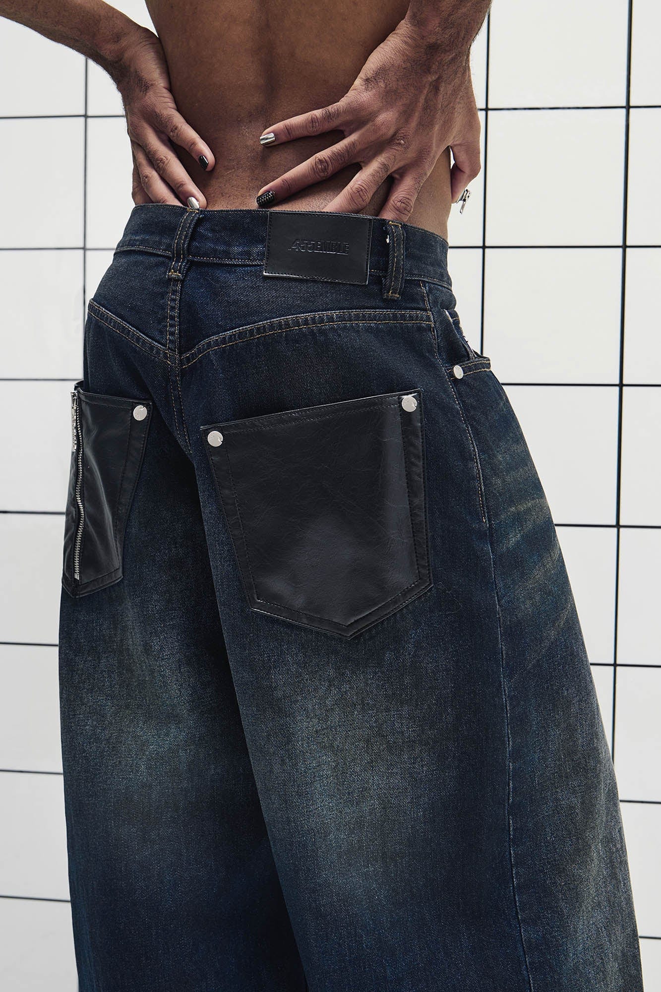 455EMBLE Washed PU-Pocket Baggy Jeans, premium urban and streetwear designers apparel on PROJECTISR.com, 455EMBLE