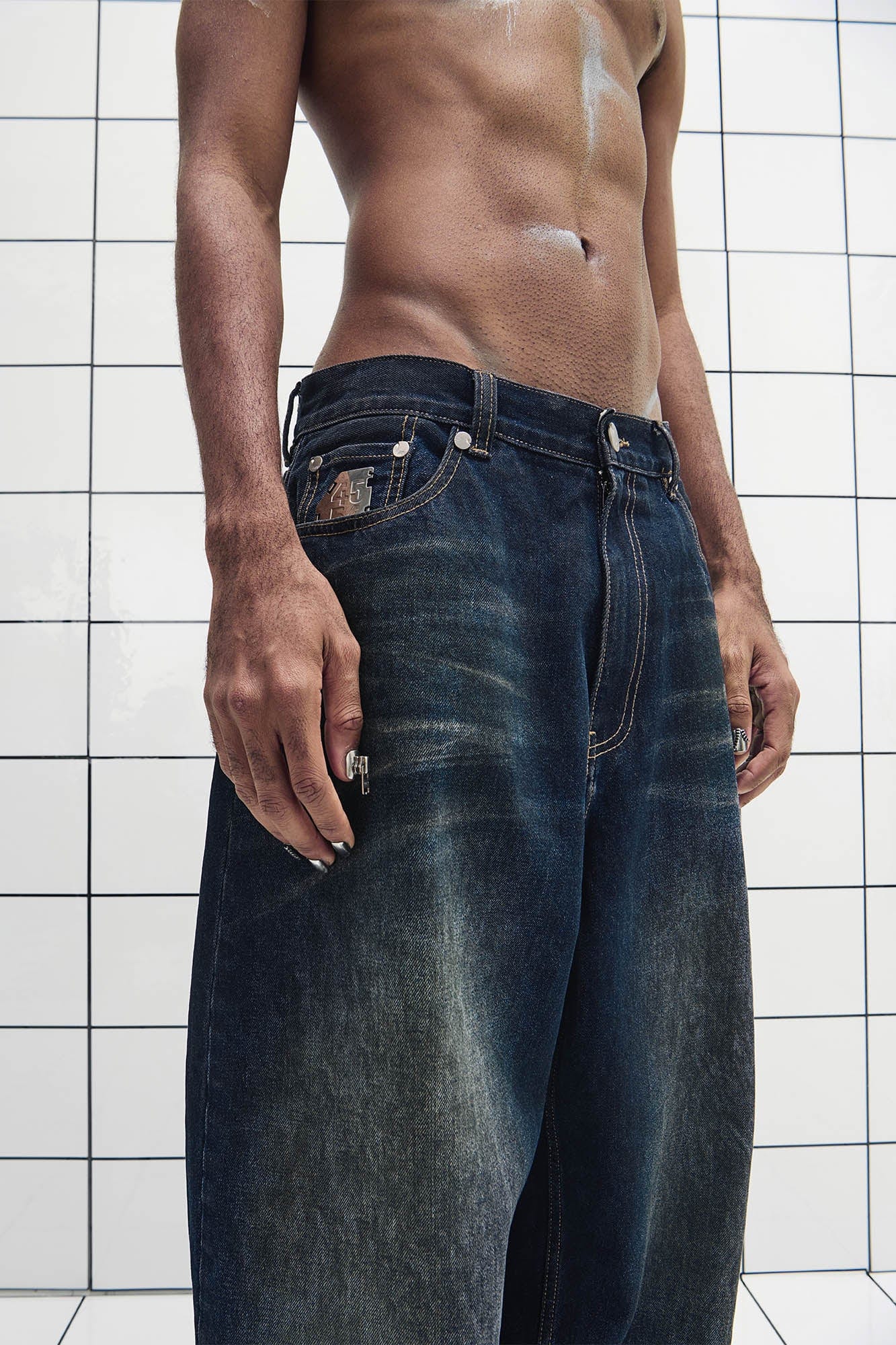 455EMBLE Washed PU-Pocket Baggy Jeans, premium urban and streetwear designers apparel on PROJECTISR.com, 455EMBLE