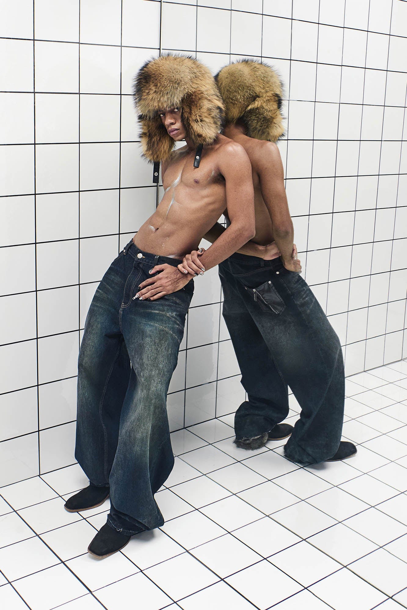 455EMBLE Washed PU-Pocket Baggy Jeans, premium urban and streetwear designers apparel on PROJECTISR.com, 455EMBLE