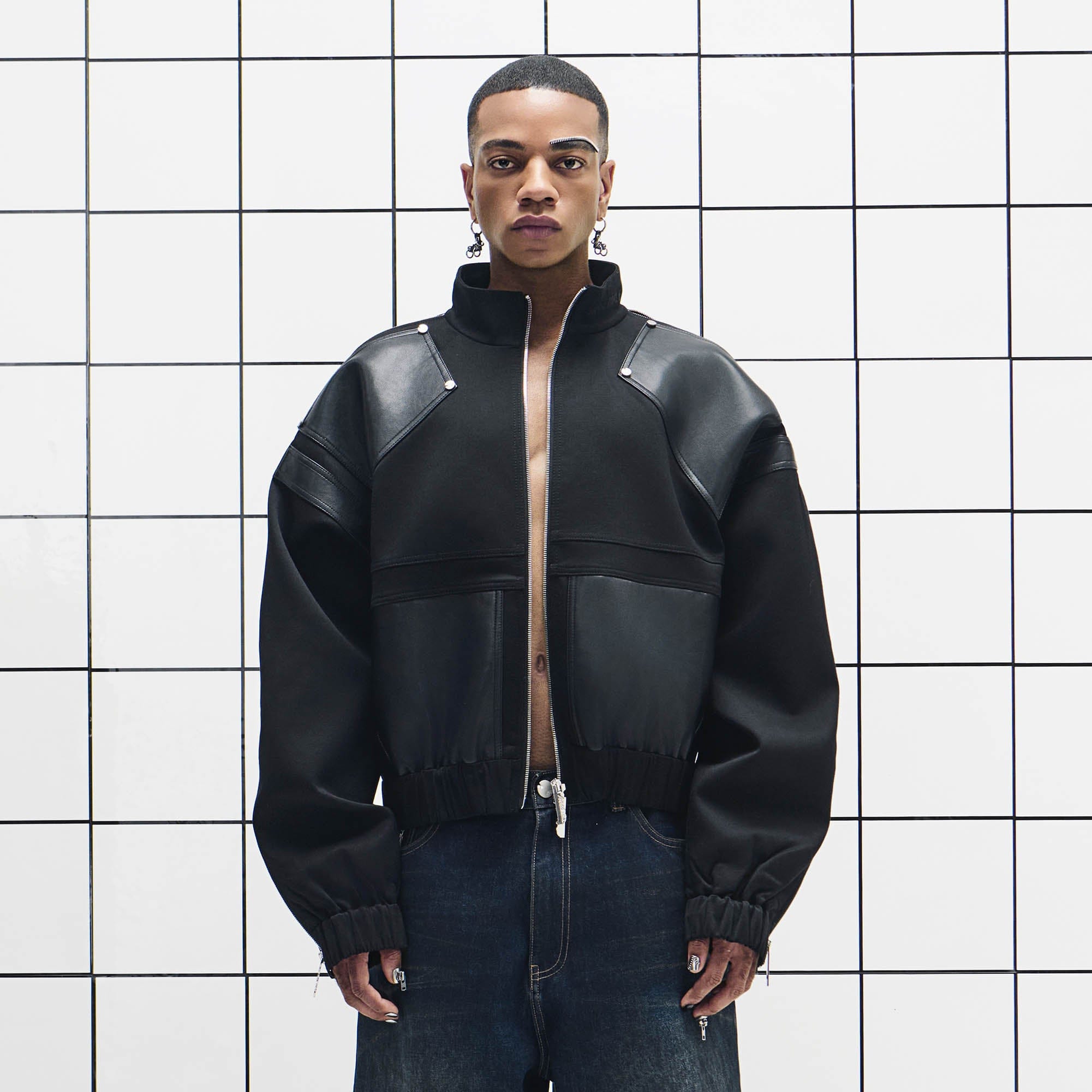 455EMBLE Faux Leather Spliced Multi-Zip Stand Collar Jacket, premium urban and streetwear designers apparel on PROJECTISR.com, 455EMBLE