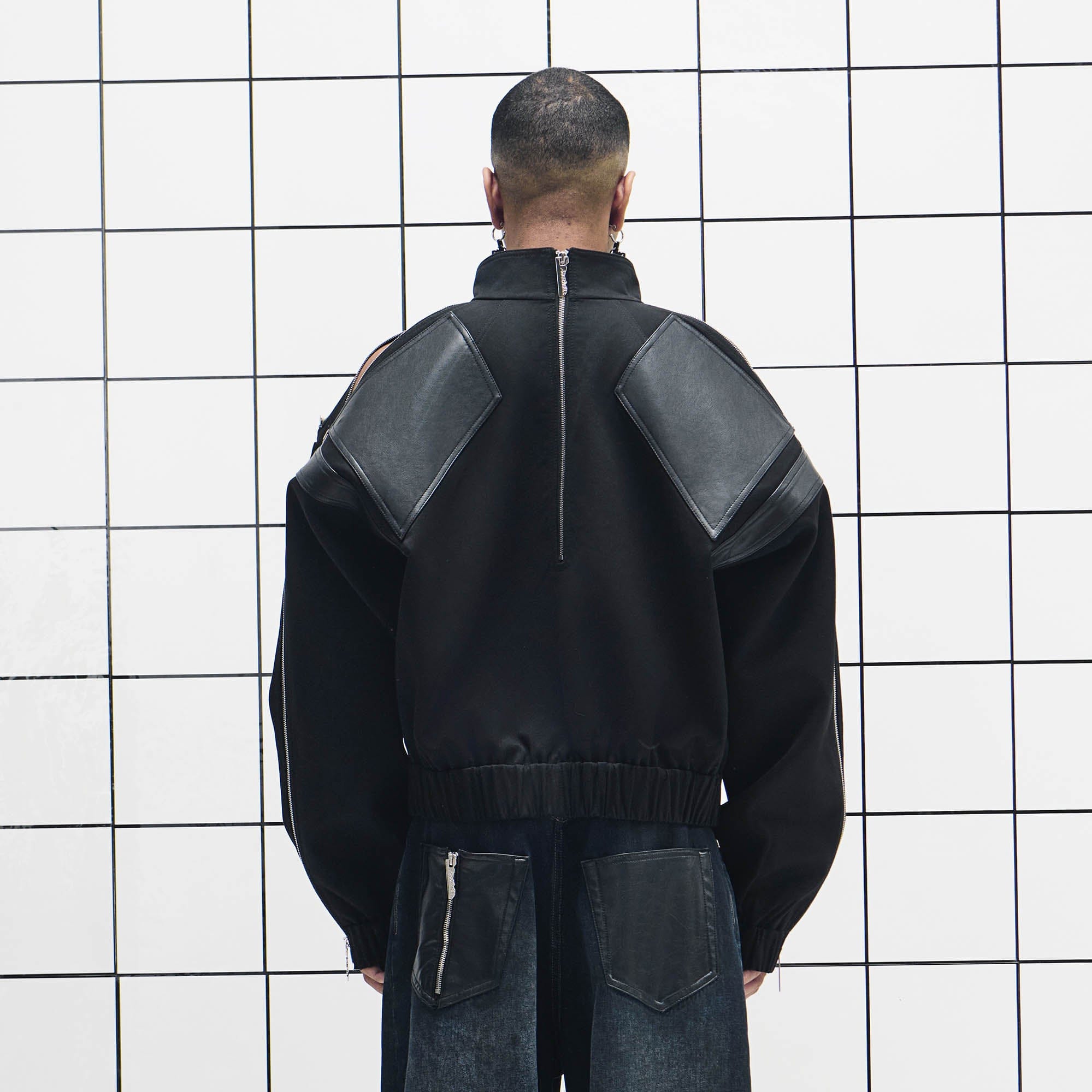 455EMBLE Faux Leather Spliced Multi-Zip Stand Collar Jacket, premium urban and streetwear designers apparel on PROJECTISR.com, 455EMBLE