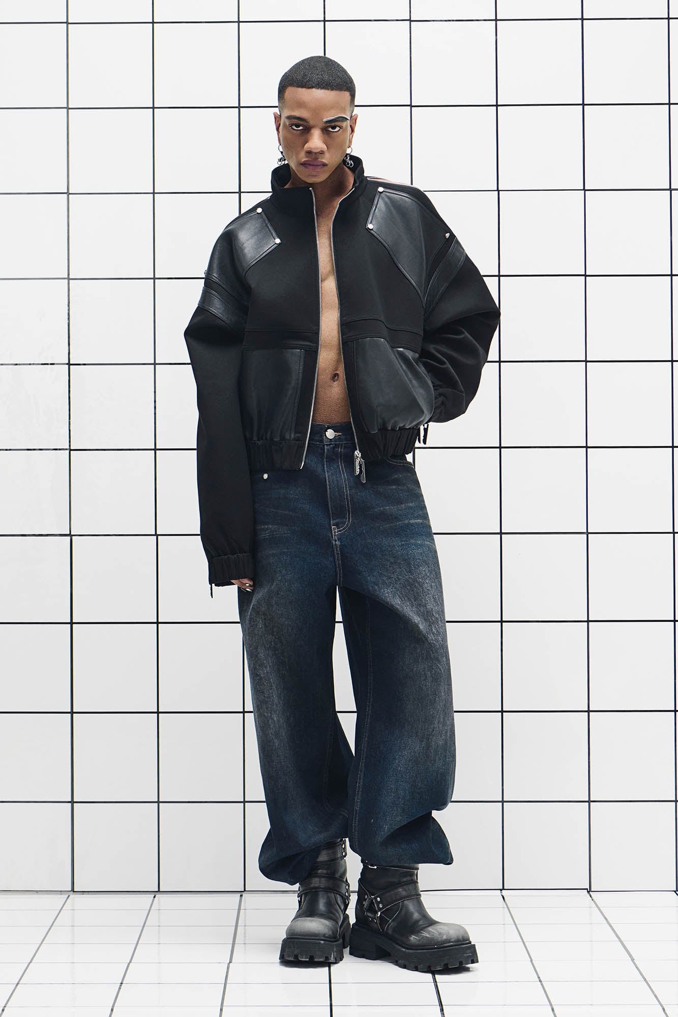 455EMBLE Faux Leather Spliced Multi-Zip Stand Collar Jacket, premium urban and streetwear designers apparel on PROJECTISR.com, 455EMBLE