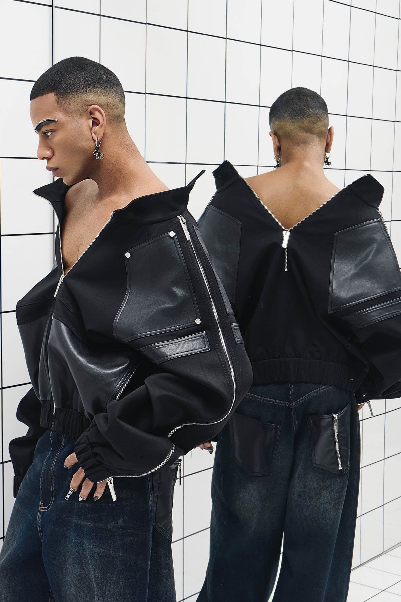 455EMBLE Faux Leather Spliced Multi-Zip Stand Collar Jacket, premium urban and streetwear designers apparel on PROJECTISR.com, 455EMBLE