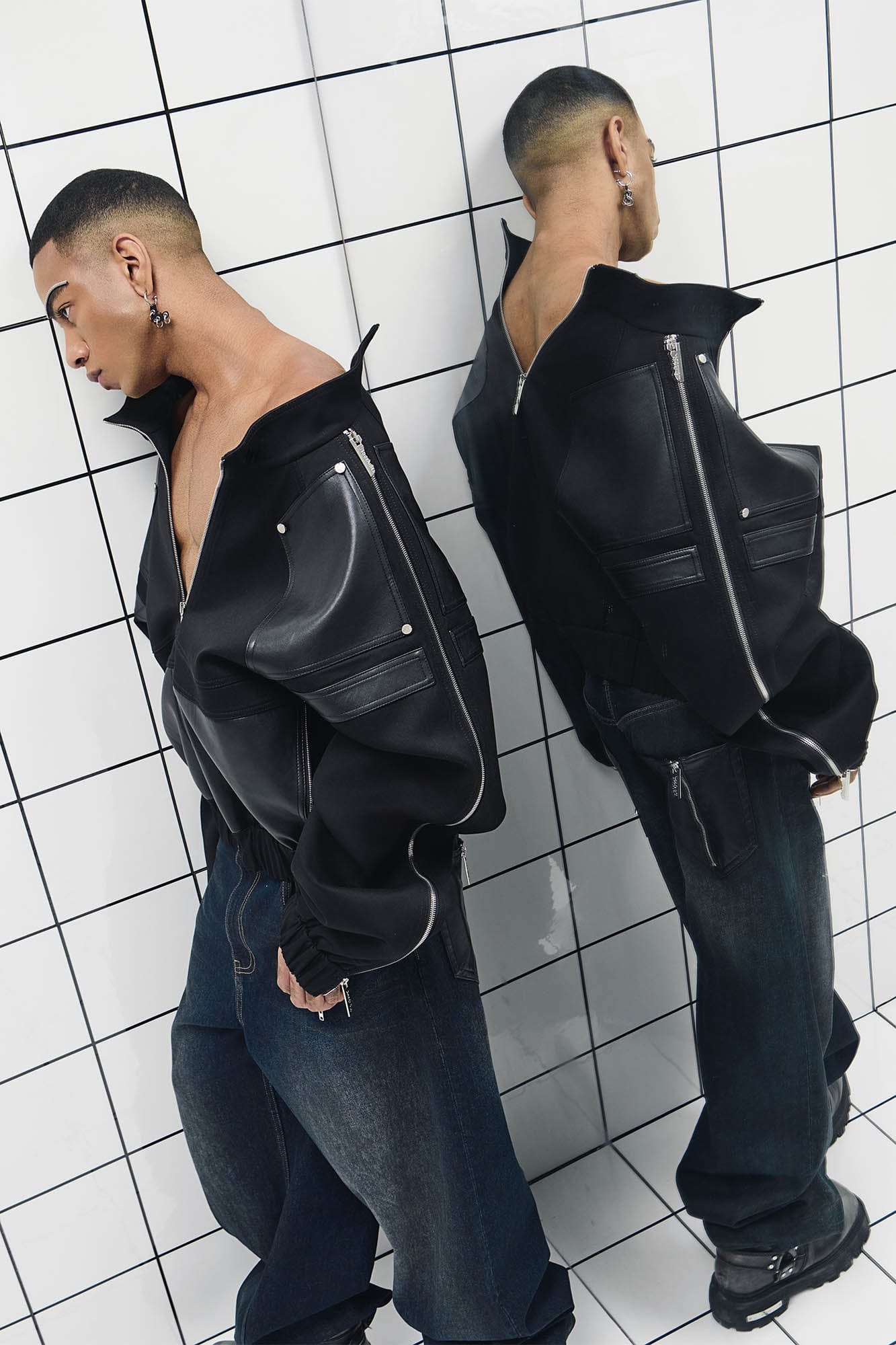 455EMBLE Faux Leather Spliced Multi-Zip Stand Collar Jacket, premium urban and streetwear designers apparel on PROJECTISR.com, 455EMBLE