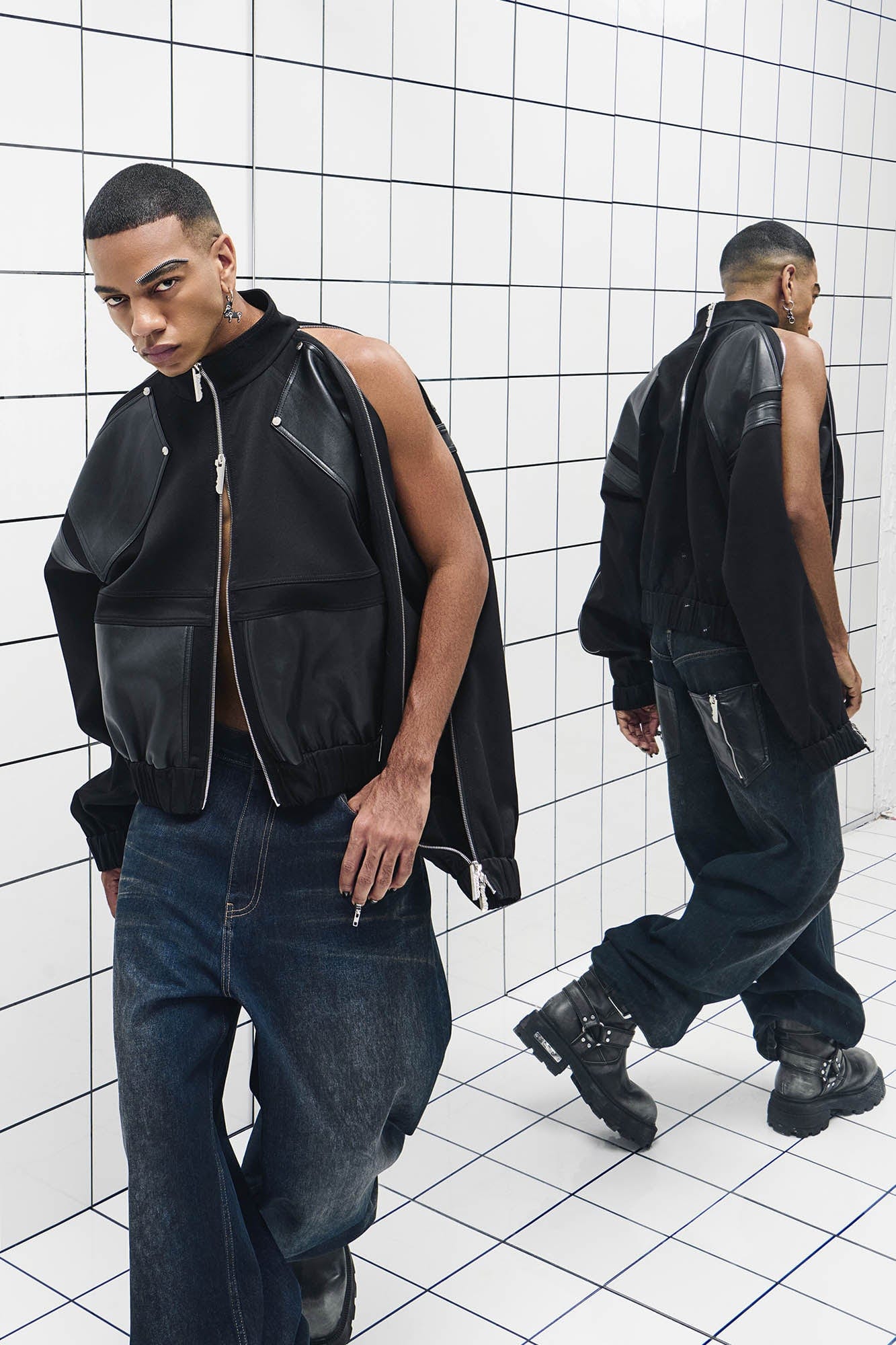 455EMBLE Faux Leather Spliced Multi-Zip Stand Collar Jacket, premium urban and streetwear designers apparel on PROJECTISR.com, 455EMBLE