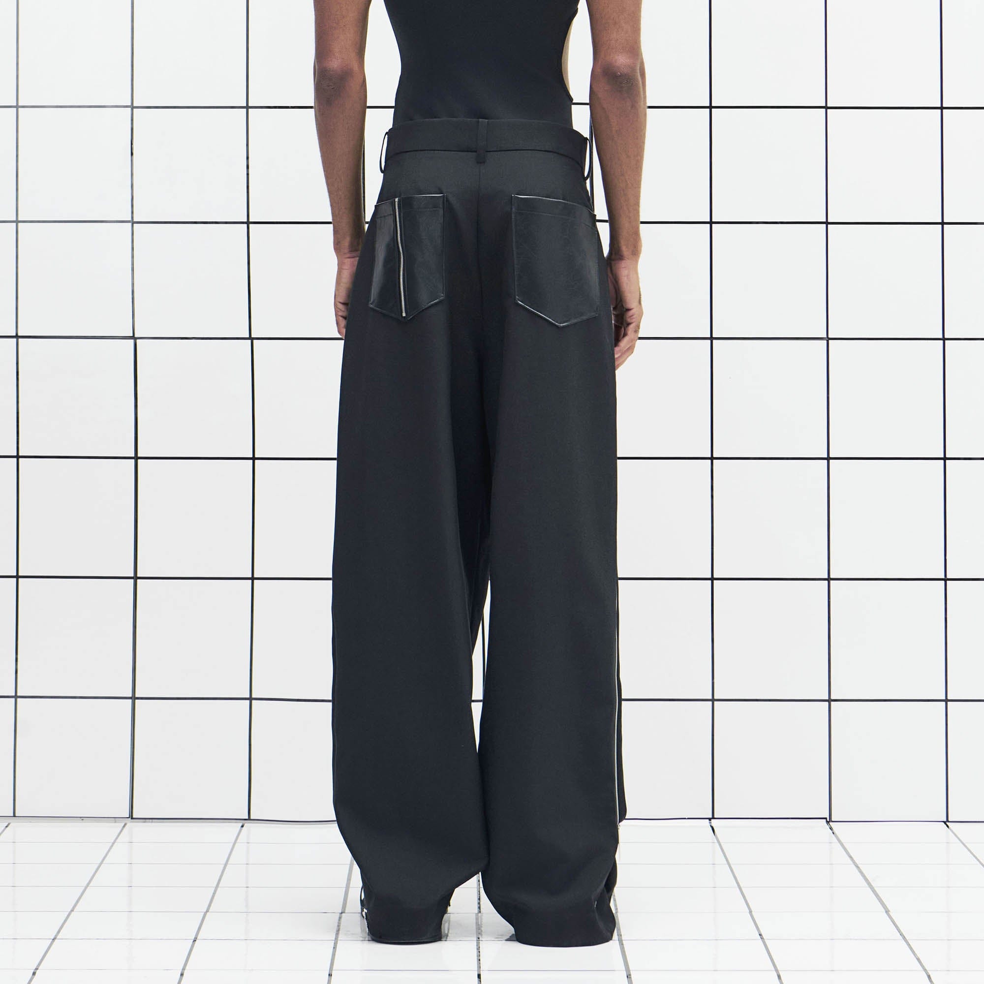 455EMBLE Side-Zip Asymmetrical PU-Pocket Pants, premium urban and streetwear designers apparel on PROJECTISR.com, 455EMBLE