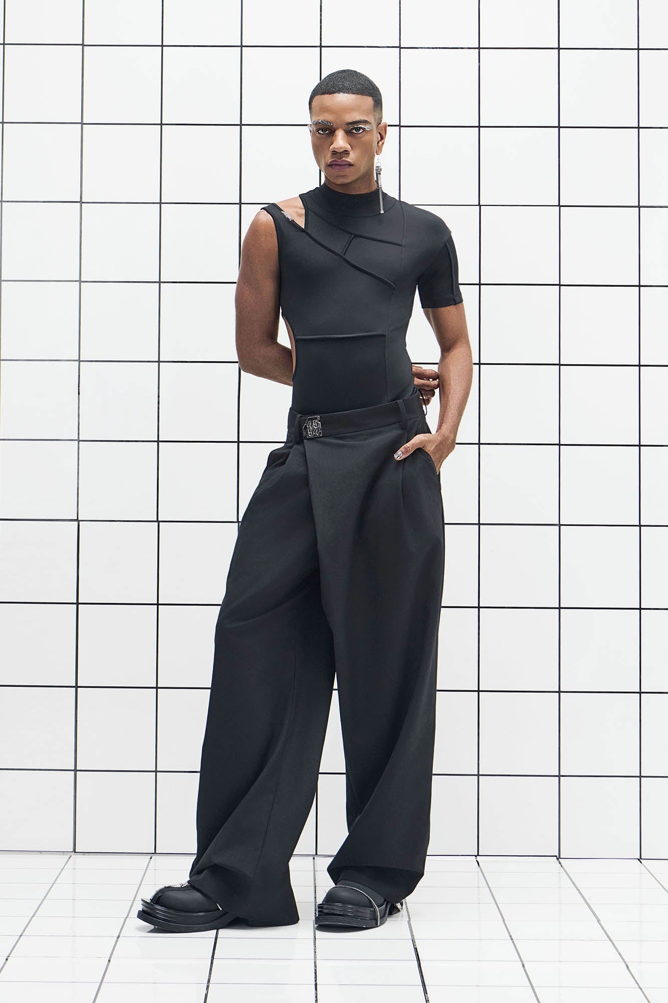 455EMBLE Side-Zip Asymmetrical PU-Pocket Pants, premium urban and streetwear designers apparel on PROJECTISR.com, 455EMBLE