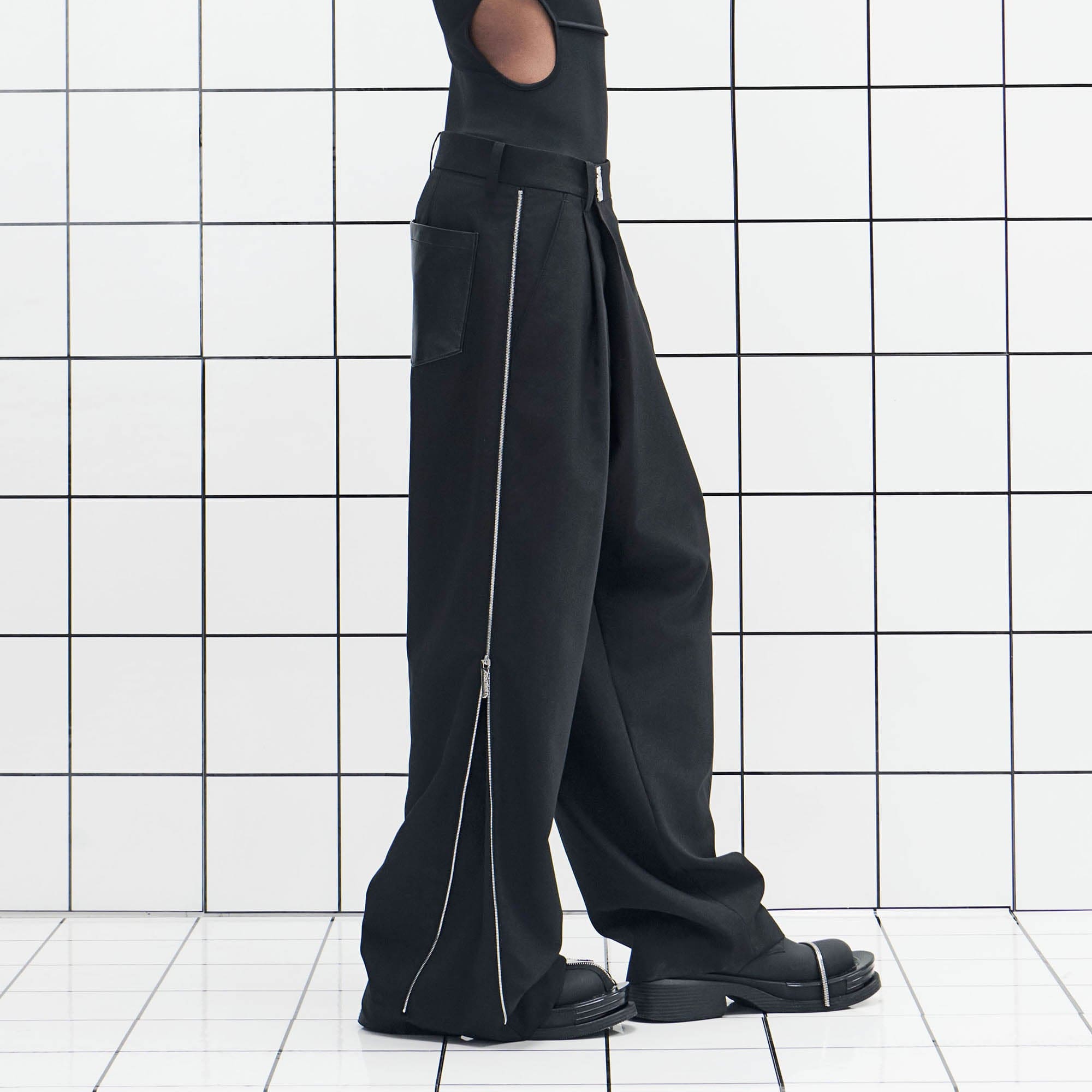 455EMBLE Side-Zip Asymmetrical PU-Pocket Pants, premium urban and streetwear designers apparel on PROJECTISR.com, 455EMBLE