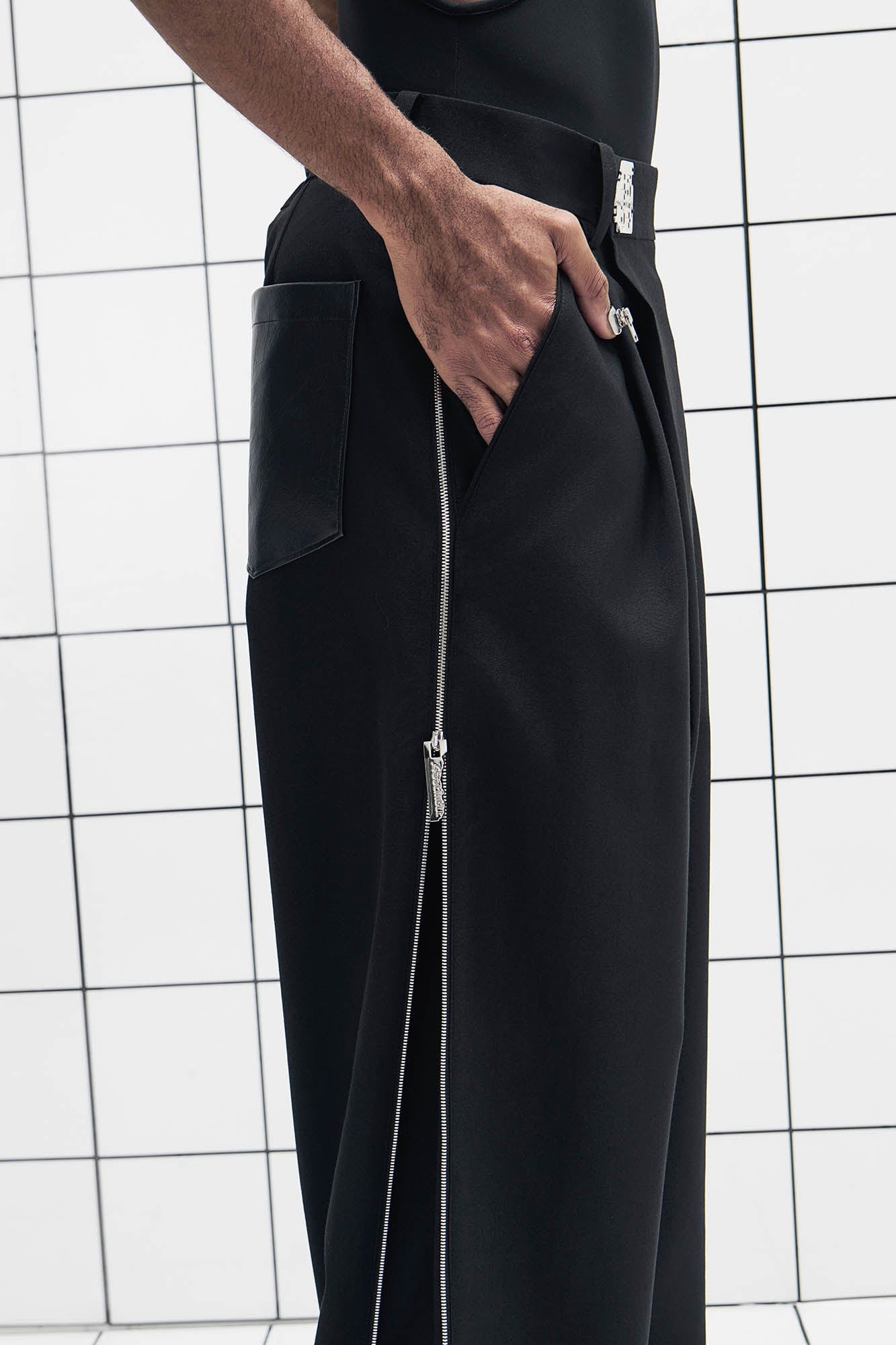 455EMBLE Side-Zip Asymmetrical PU-Pocket Pants, premium urban and streetwear designers apparel on PROJECTISR.com, 455EMBLE
