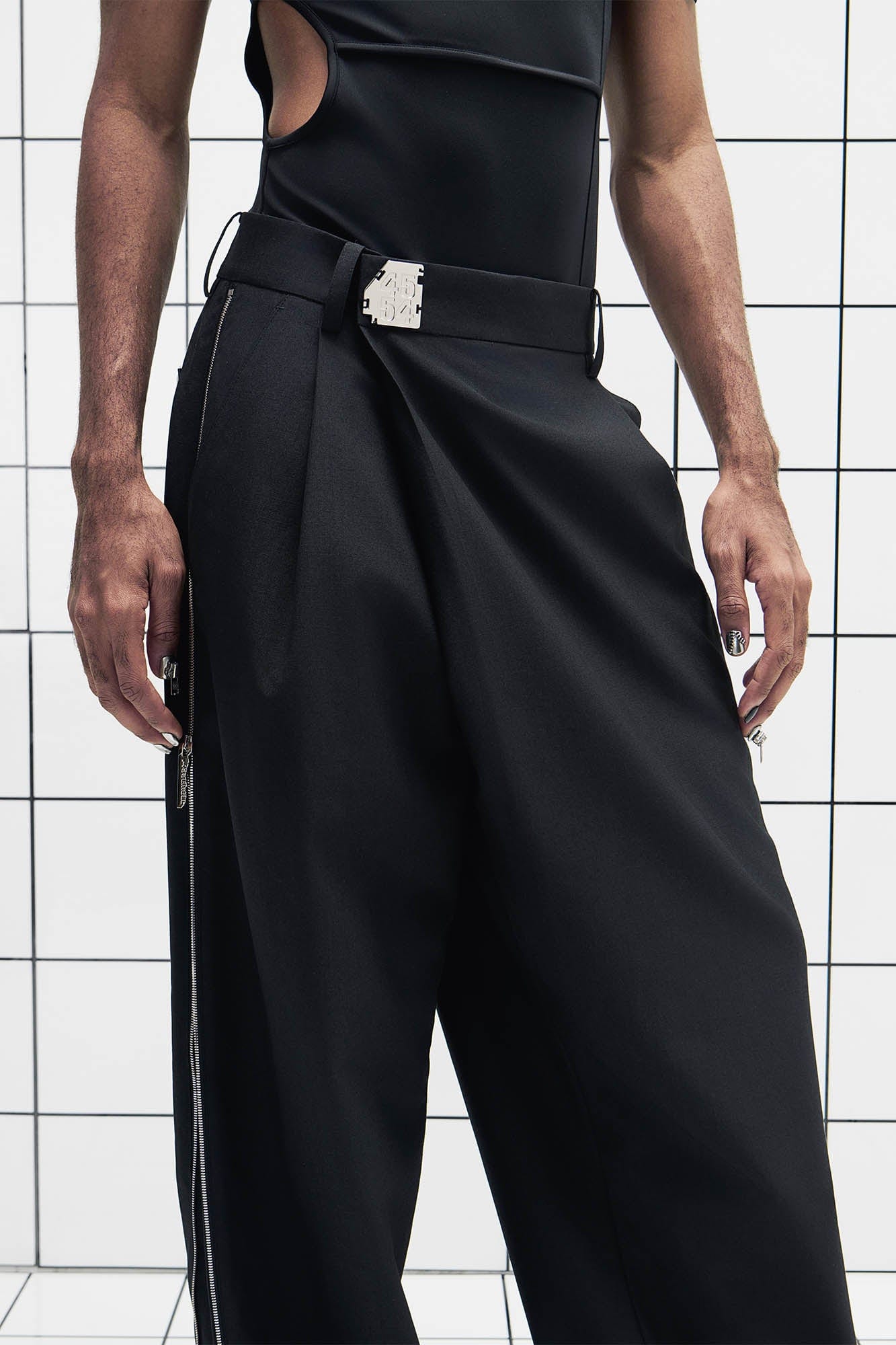 455EMBLE Side-Zip Asymmetrical PU-Pocket Pants, premium urban and streetwear designers apparel on PROJECTISR.com, 455EMBLE