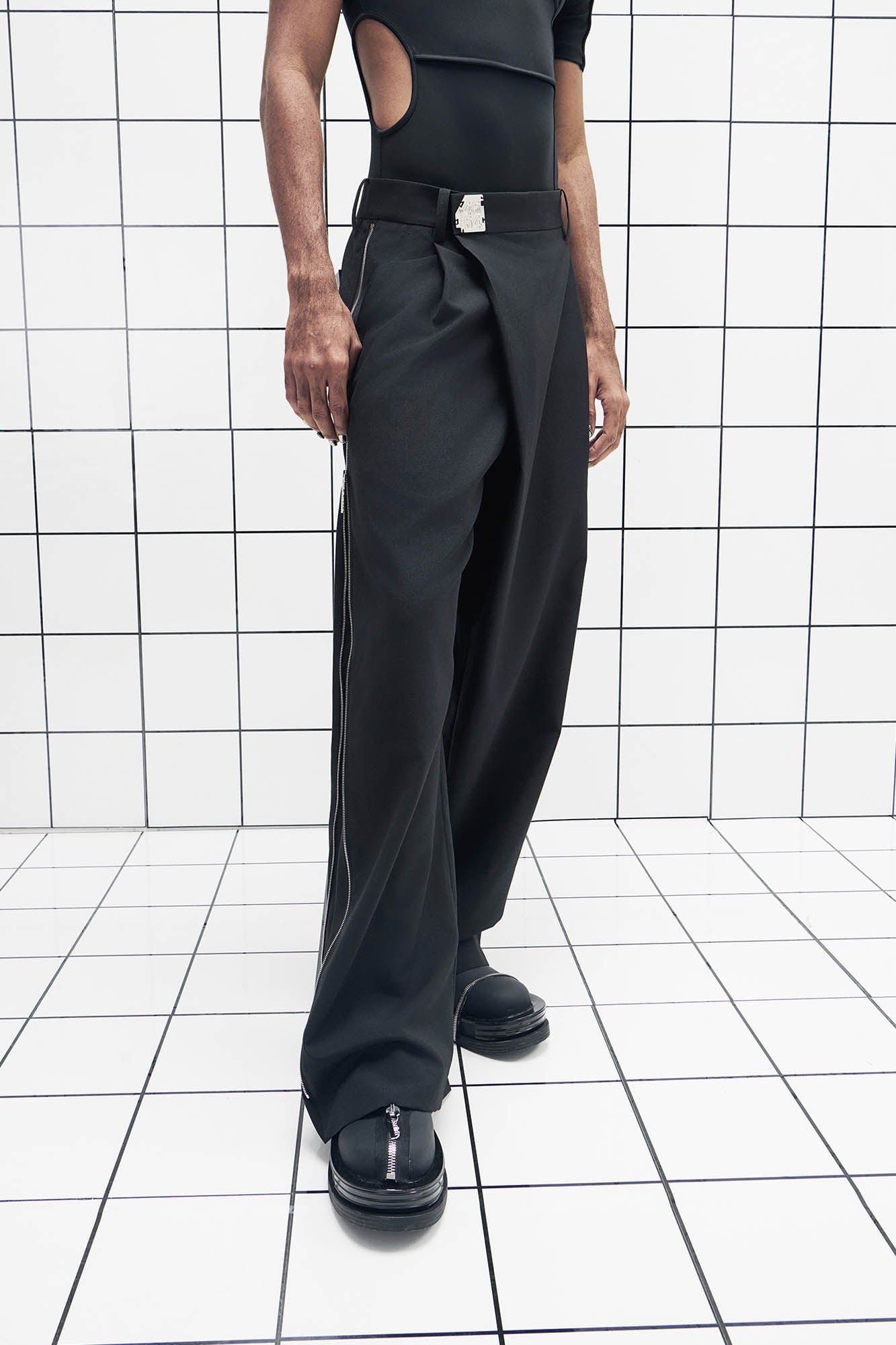 455EMBLE Side-Zip Asymmetrical PU-Pocket Pants, premium urban and streetwear designers apparel on PROJECTISR.com, 455EMBLE