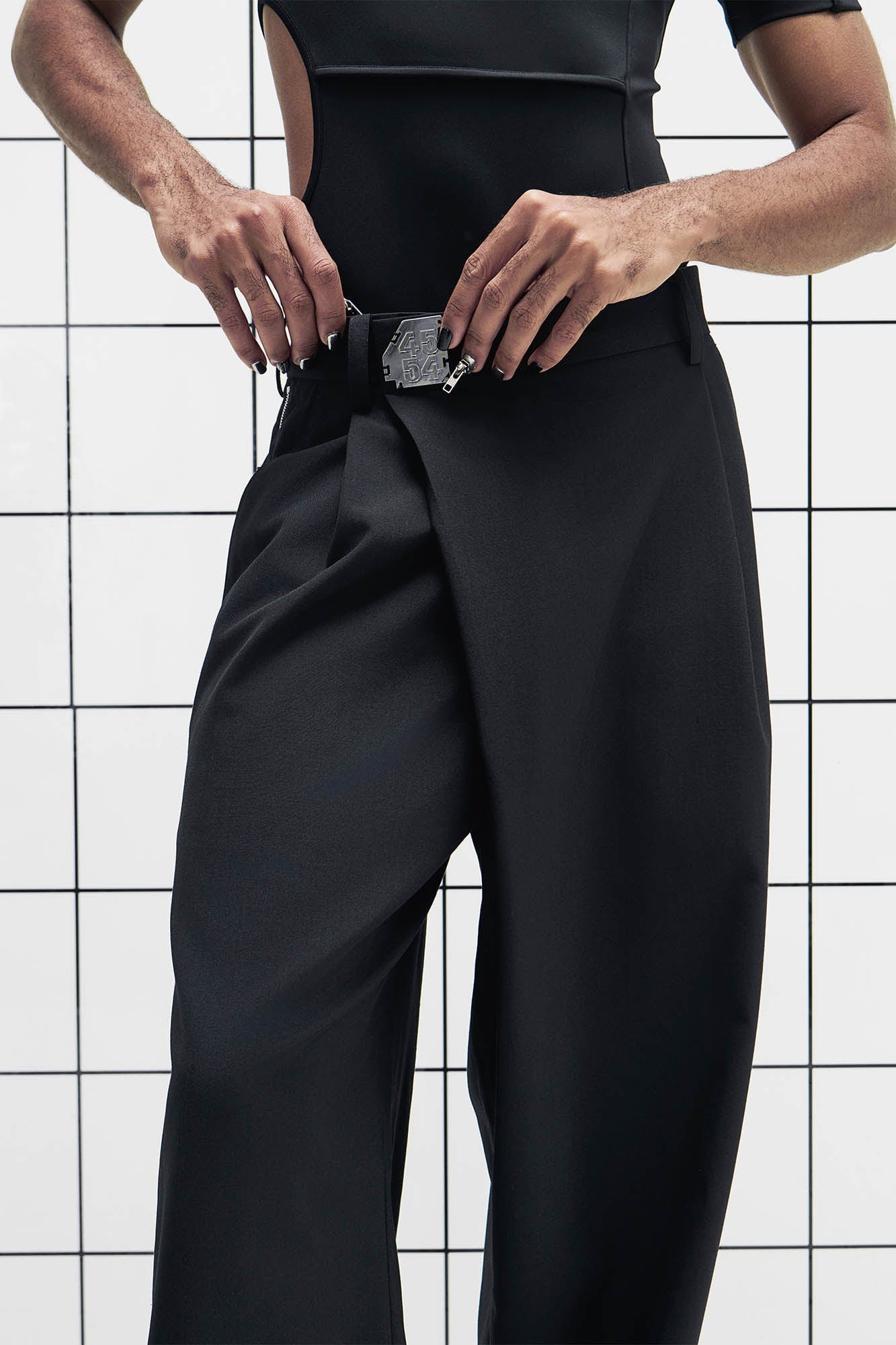 455EMBLE Side-Zip Asymmetrical PU-Pocket Pants, premium urban and streetwear designers apparel on PROJECTISR.com, 455EMBLE