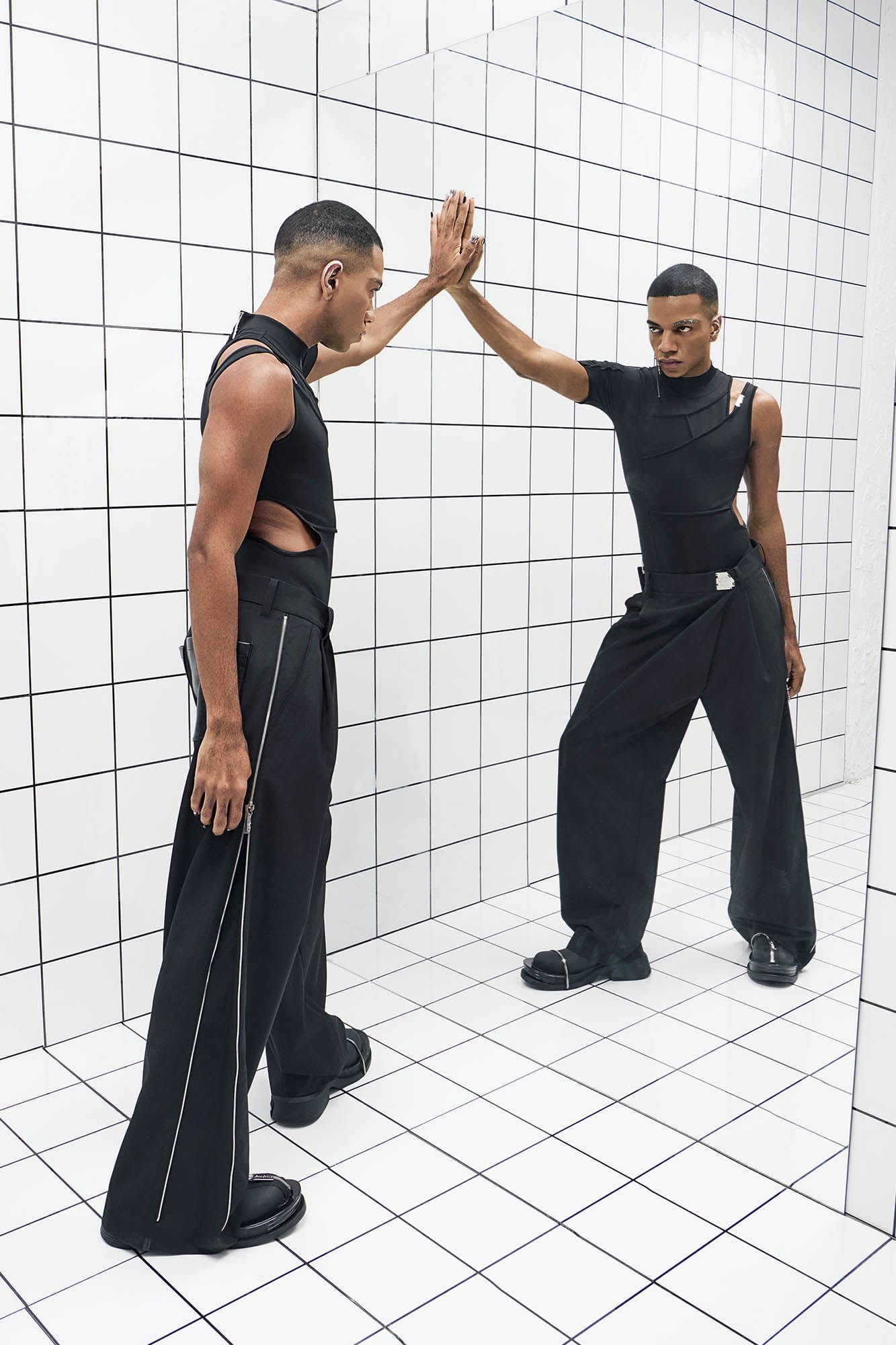 455EMBLE Side-Zip Asymmetrical PU-Pocket Pants, premium urban and streetwear designers apparel on PROJECTISR.com, 455EMBLE