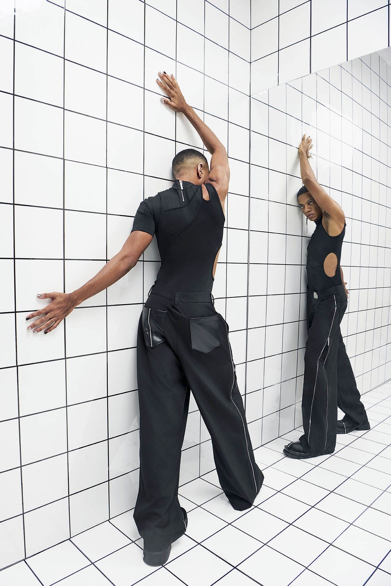 455EMBLE Side-Zip Asymmetrical PU-Pocket Pants, premium urban and streetwear designers apparel on PROJECTISR.com, 455EMBLE