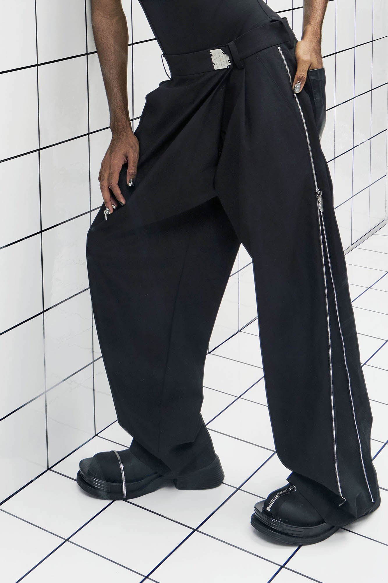 455EMBLE Side-Zip Asymmetrical PU-Pocket Pants, premium urban and streetwear designers apparel on PROJECTISR.com, 455EMBLE