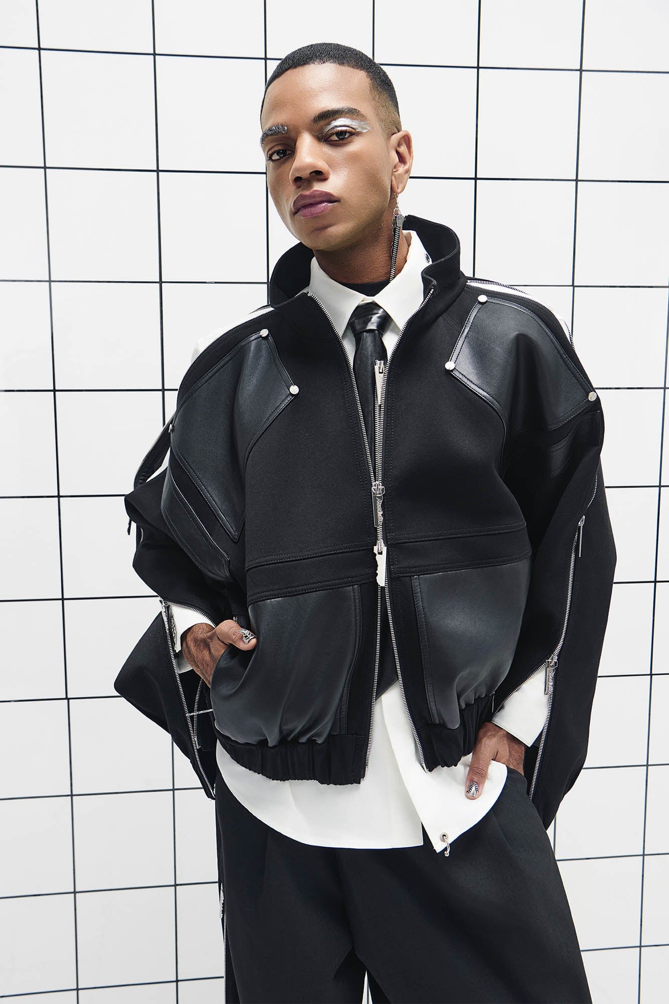455EMBLE Faux Leather Spliced Multi-Zip Stand Collar Jacket, premium urban and streetwear designers apparel on PROJECTISR.com, 455EMBLE