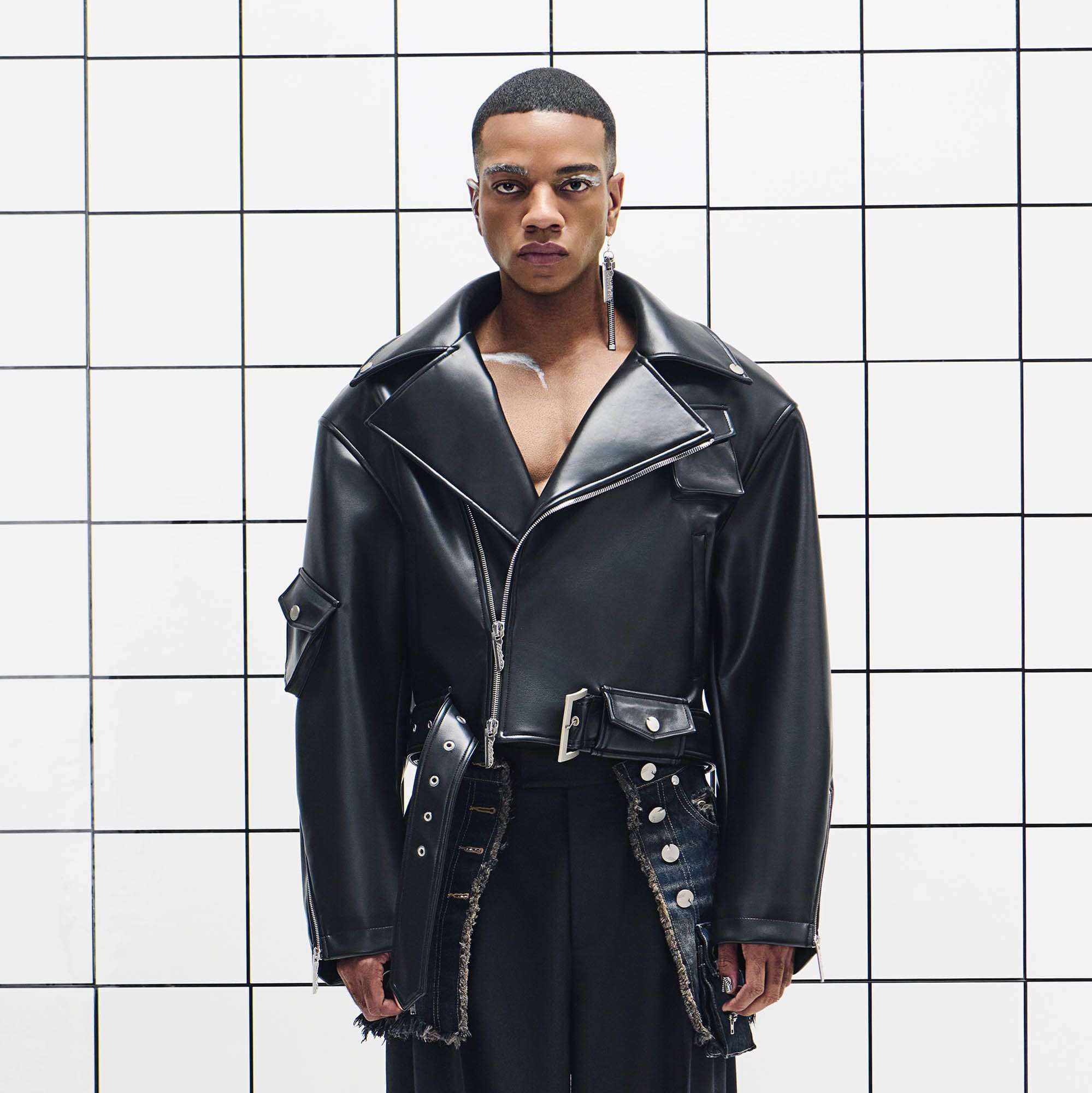 455EMBLE Asymmetrical Back-Zip Cropped PU Biker Jacket, premium urban and streetwear designers apparel on PROJECTISR.com, 455EMBLE