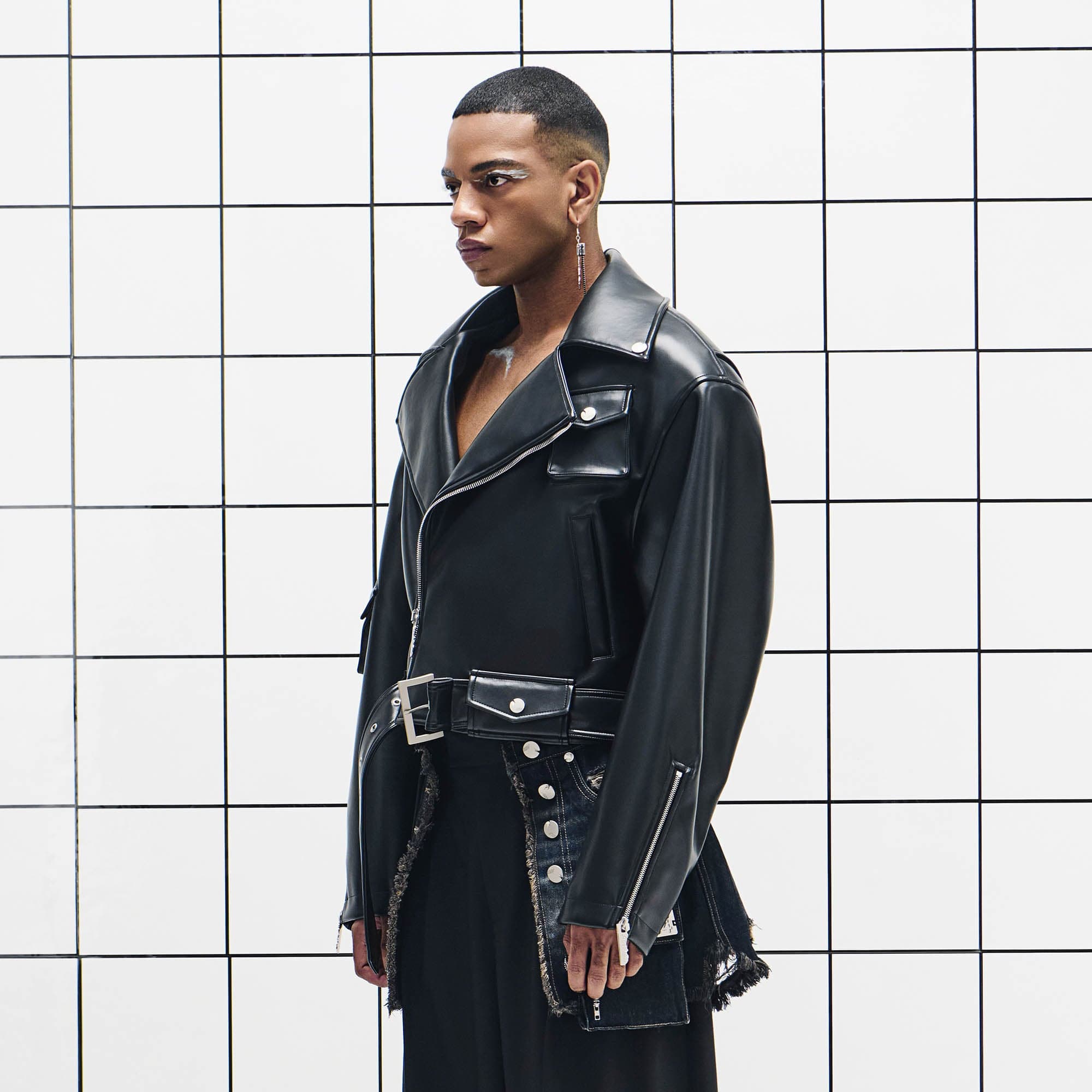 455EMBLE Asymmetrical Back-Zip Cropped PU Biker Jacket, premium urban and streetwear designers apparel on PROJECTISR.com, 455EMBLE