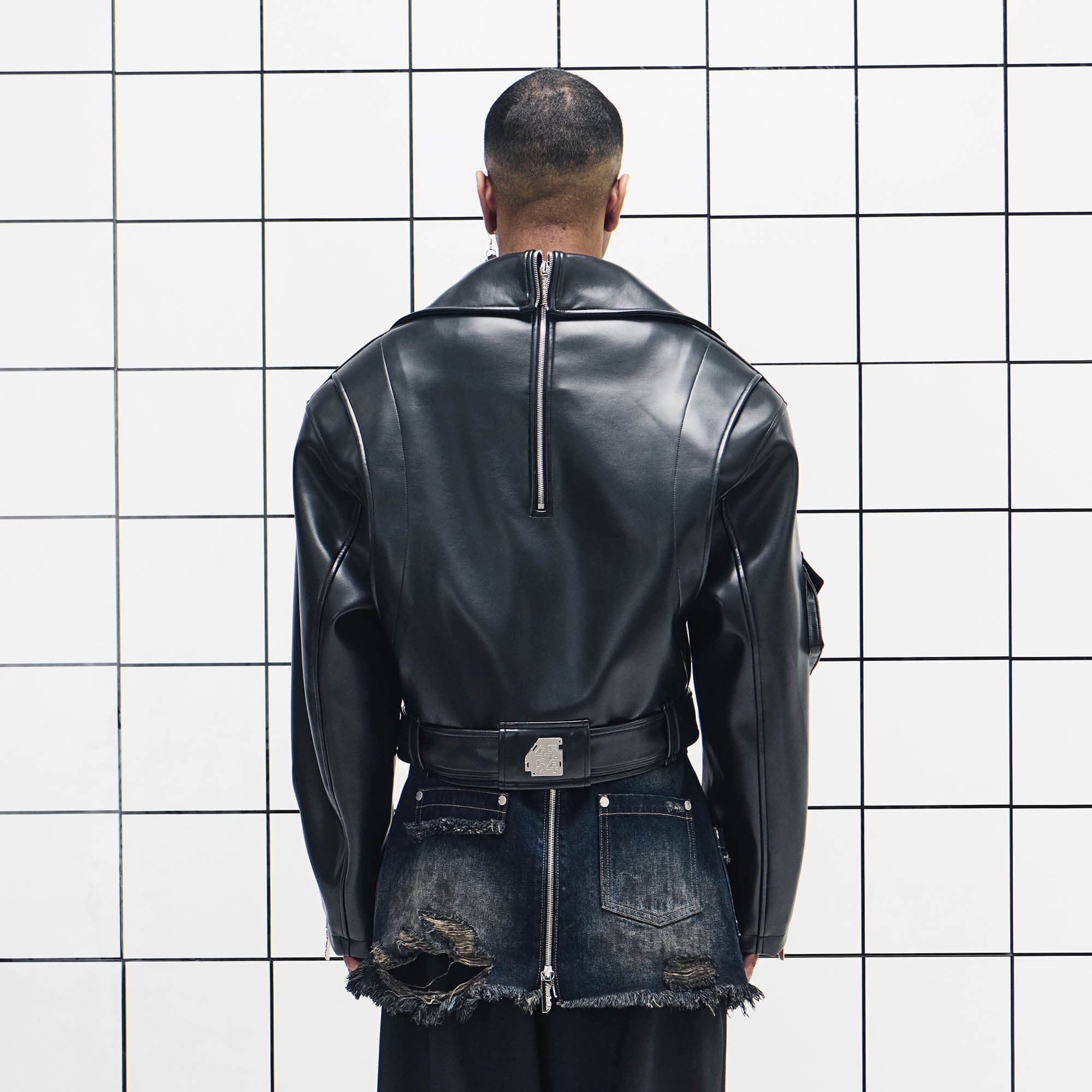 455EMBLE Asymmetrical Back-Zip Cropped PU Biker Jacket, premium urban and streetwear designers apparel on PROJECTISR.com, 455EMBLE