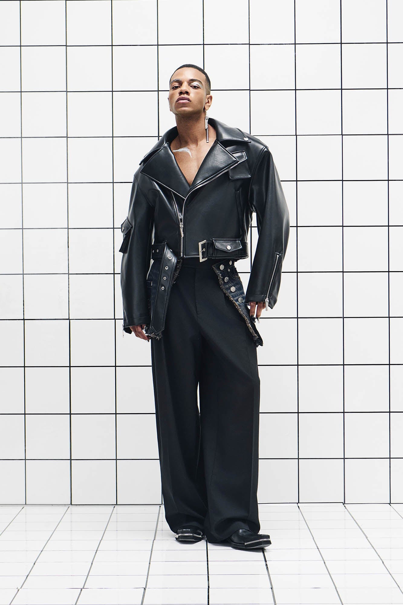 455EMBLE Asymmetrical Back-Zip Cropped PU Biker Jacket, premium urban and streetwear designers apparel on PROJECTISR.com, 455EMBLE