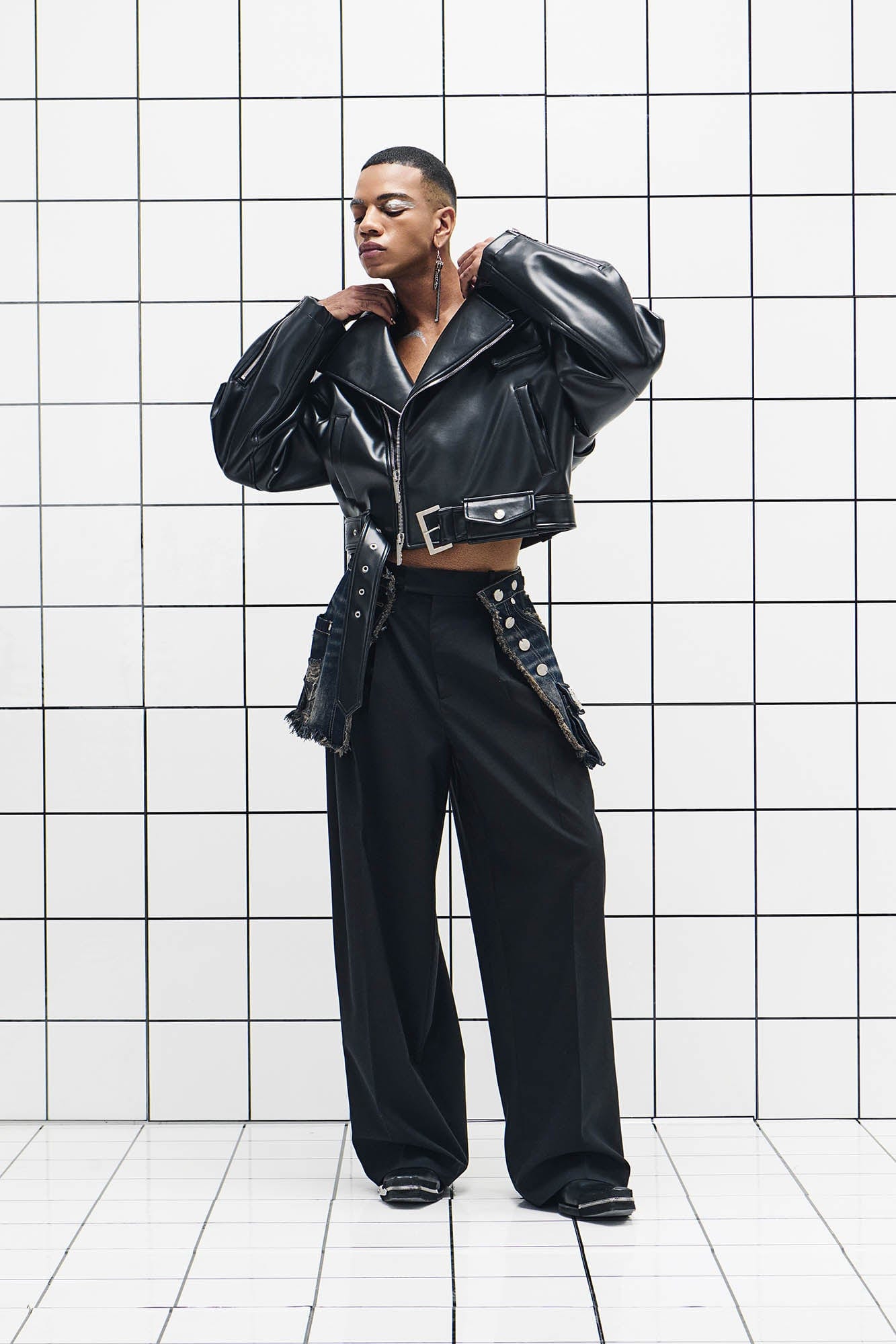 455EMBLE Asymmetrical Back-Zip Cropped PU Biker Jacket, premium urban and streetwear designers apparel on PROJECTISR.com, 455EMBLE