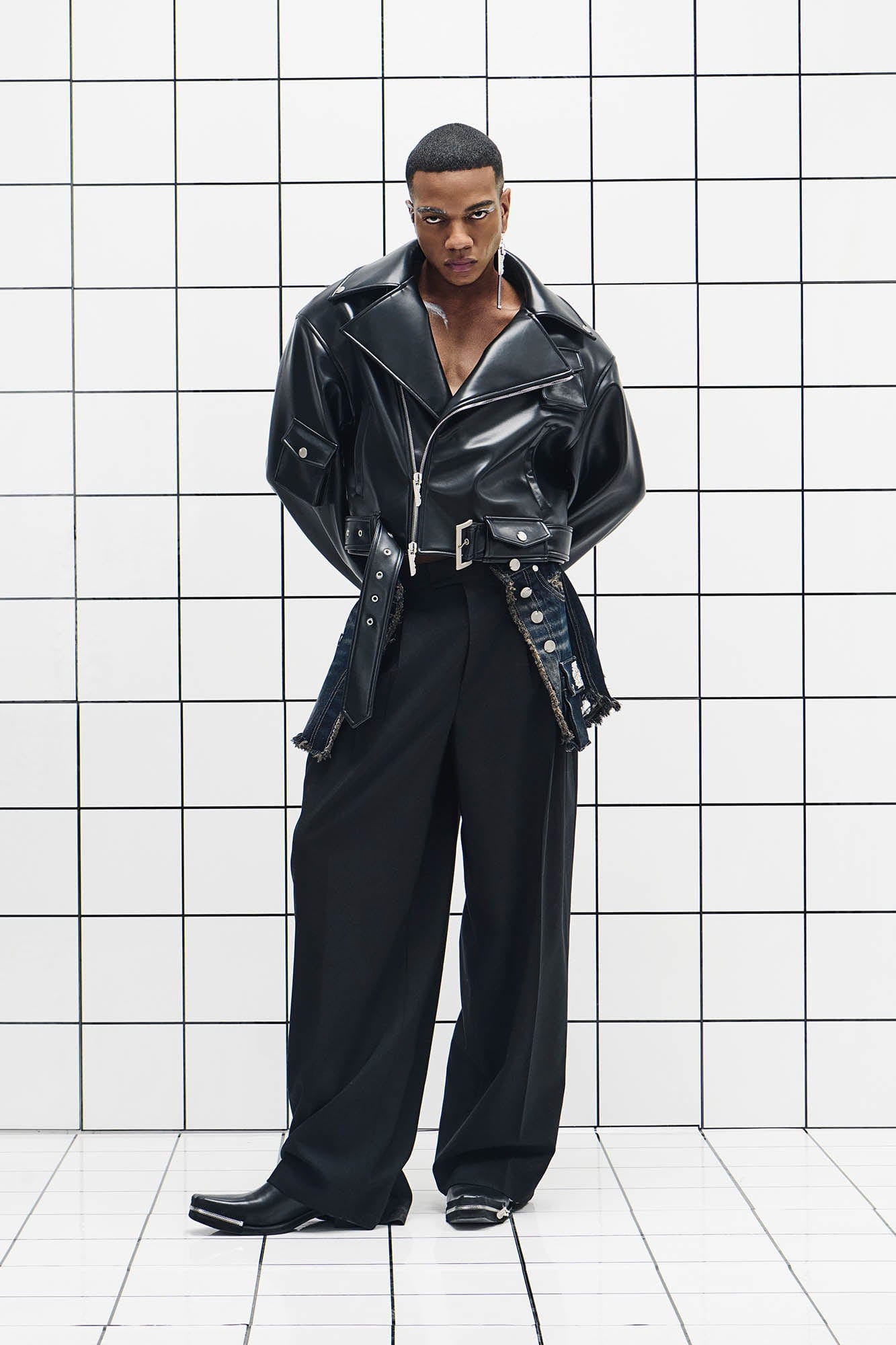 455EMBLE Asymmetrical Back-Zip Cropped PU Biker Jacket, premium urban and streetwear designers apparel on PROJECTISR.com, 455EMBLE