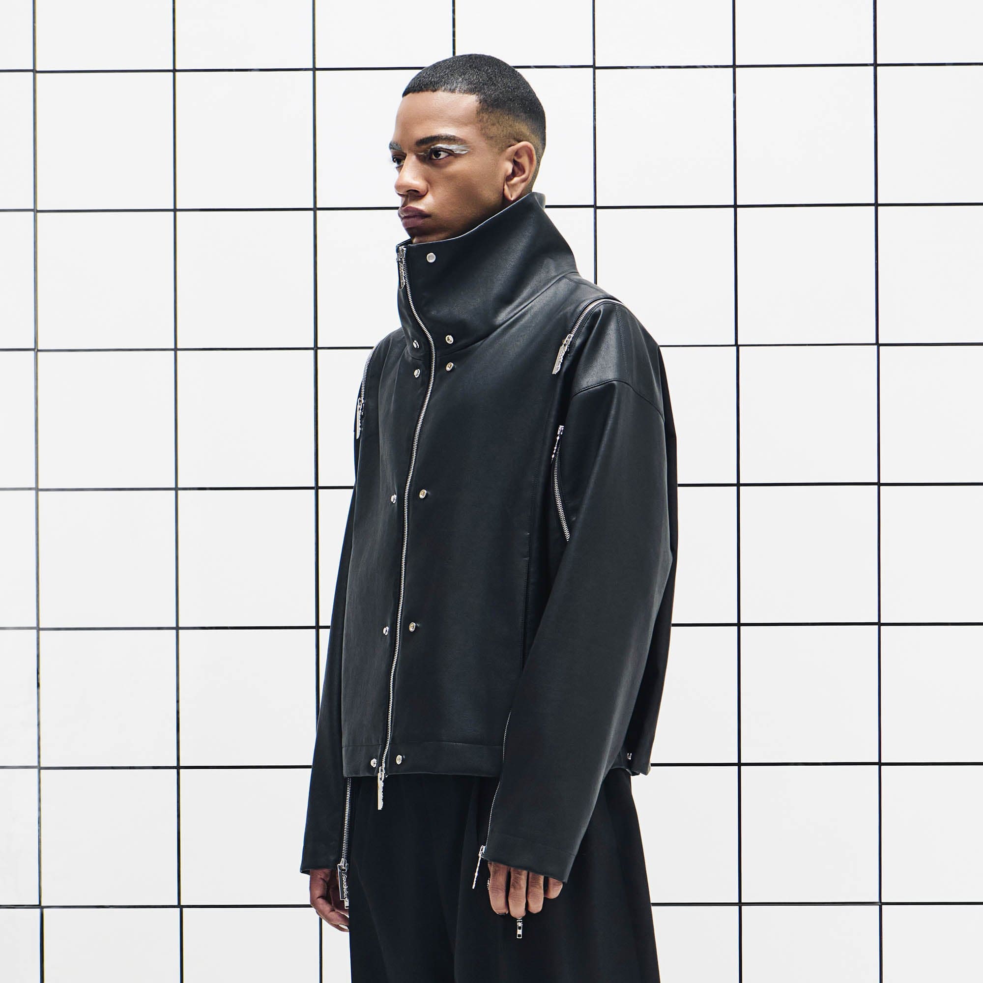 455EMBLE Multi-Zip Studded High-Collar PU Jacket, premium urban and streetwear designers apparel on PROJECTISR.com, 455EMBLE
