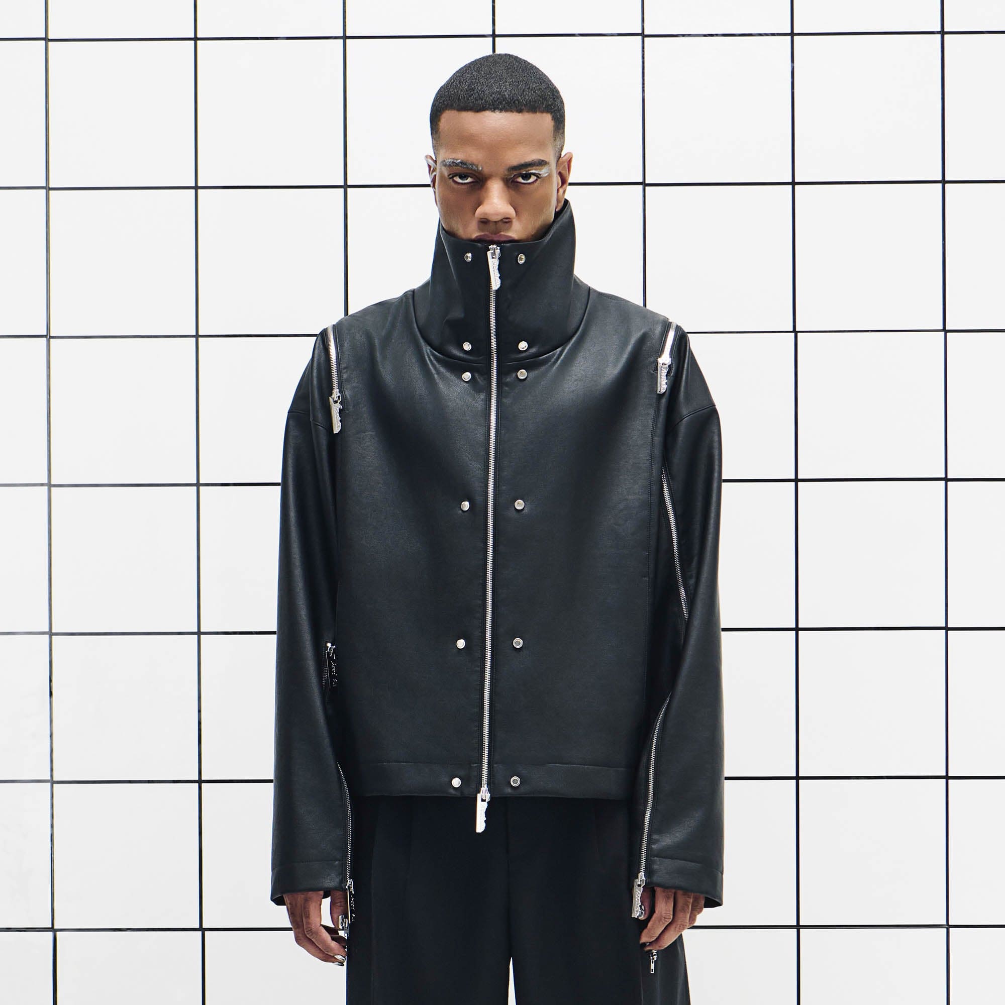 455EMBLE Multi-Zip Studded High-Collar PU Jacket, premium urban and streetwear designers apparel on PROJECTISR.com, 455EMBLE