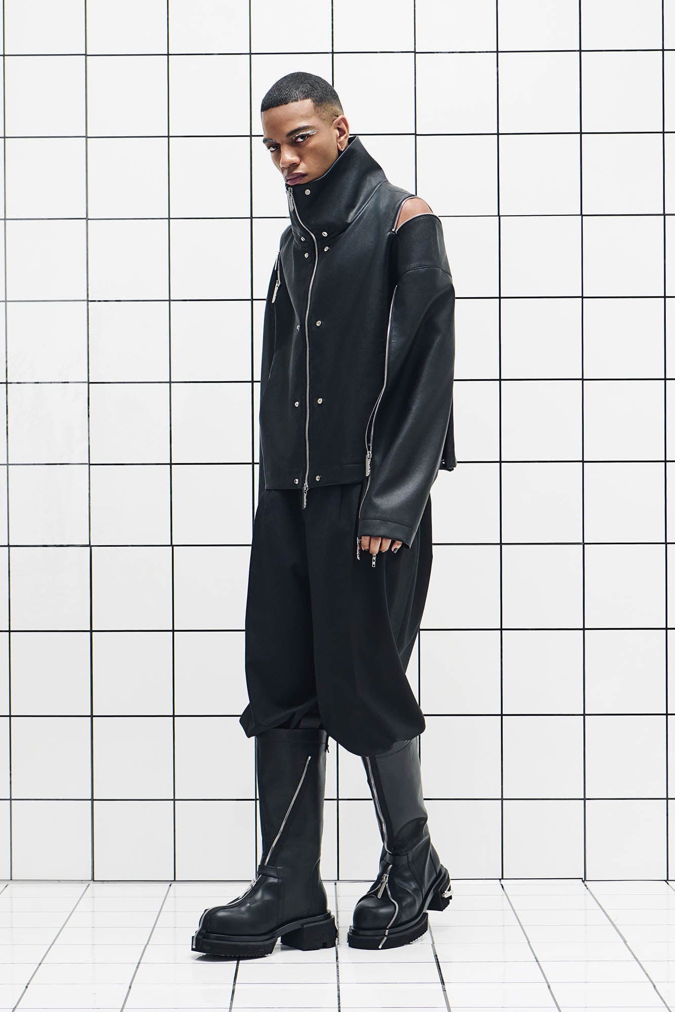 455EMBLE Multi-Zip Studded High-Collar PU Jacket, premium urban and streetwear designers apparel on PROJECTISR.com, 455EMBLE