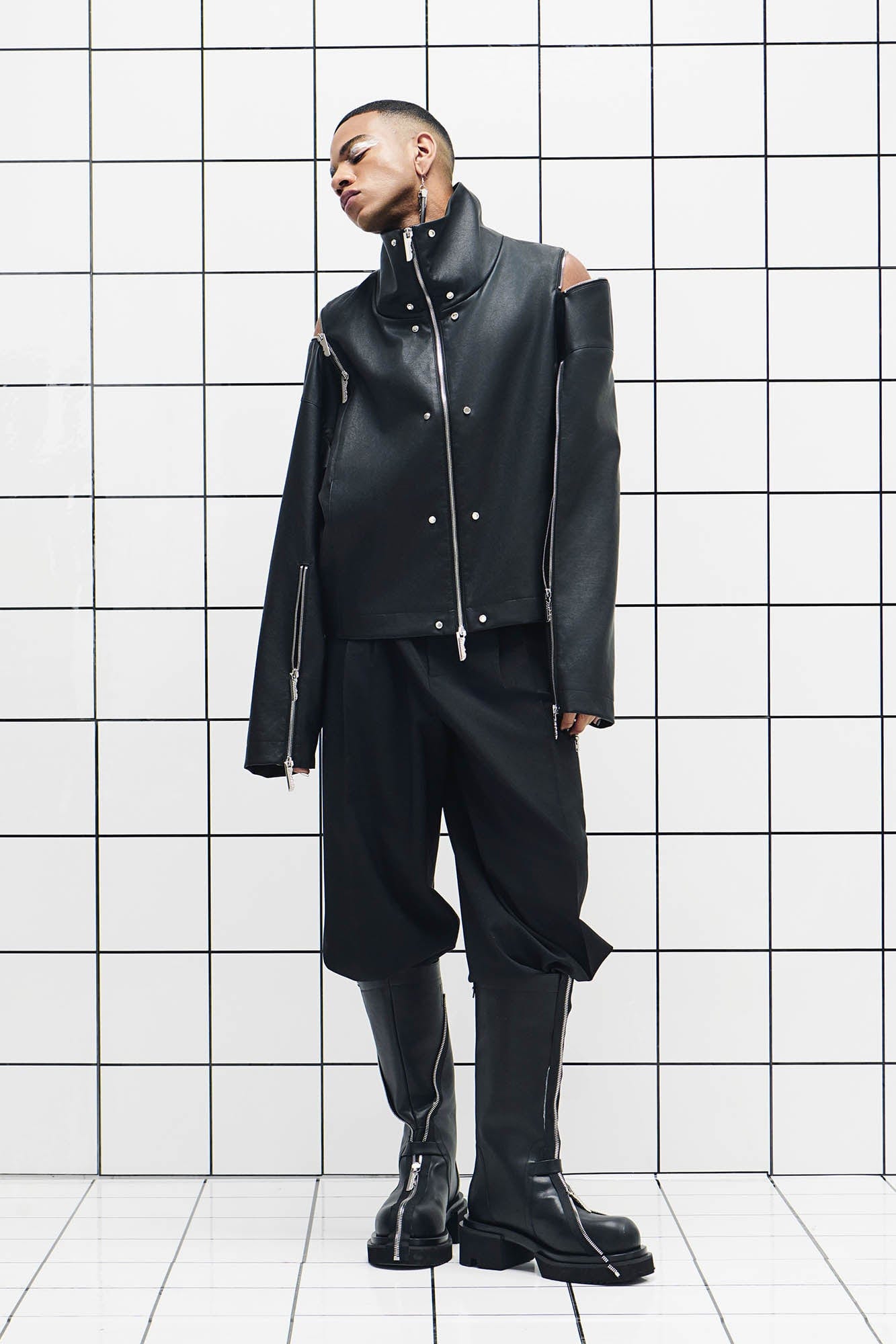 455EMBLE Multi-Zip Studded High-Collar PU Jacket, premium urban and streetwear designers apparel on PROJECTISR.com, 455EMBLE