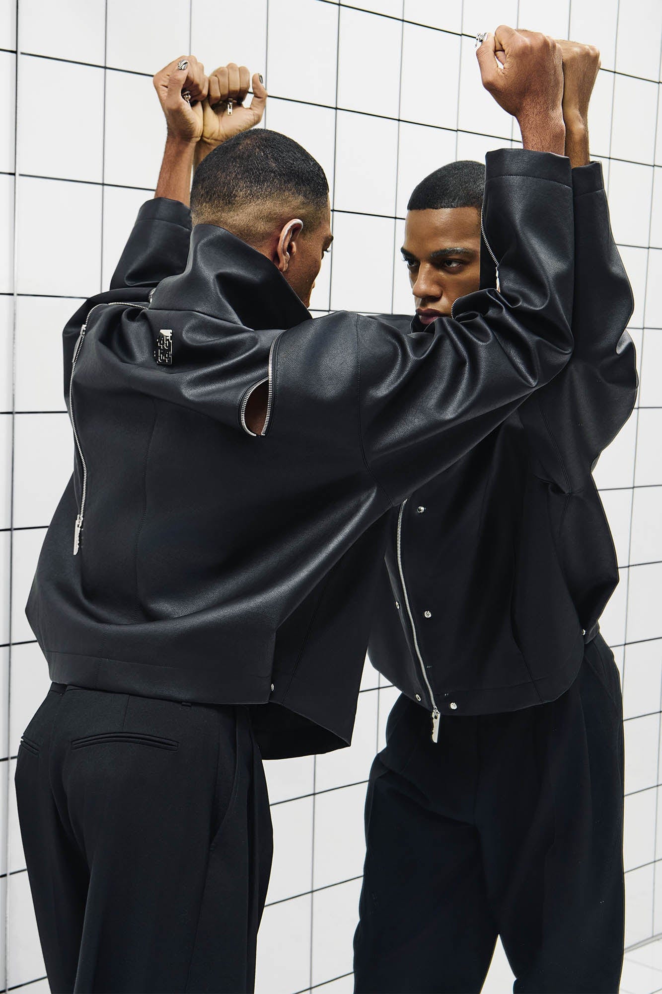 455EMBLE Multi-Zip Studded High-Collar PU Jacket, premium urban and streetwear designers apparel on PROJECTISR.com, 455EMBLE