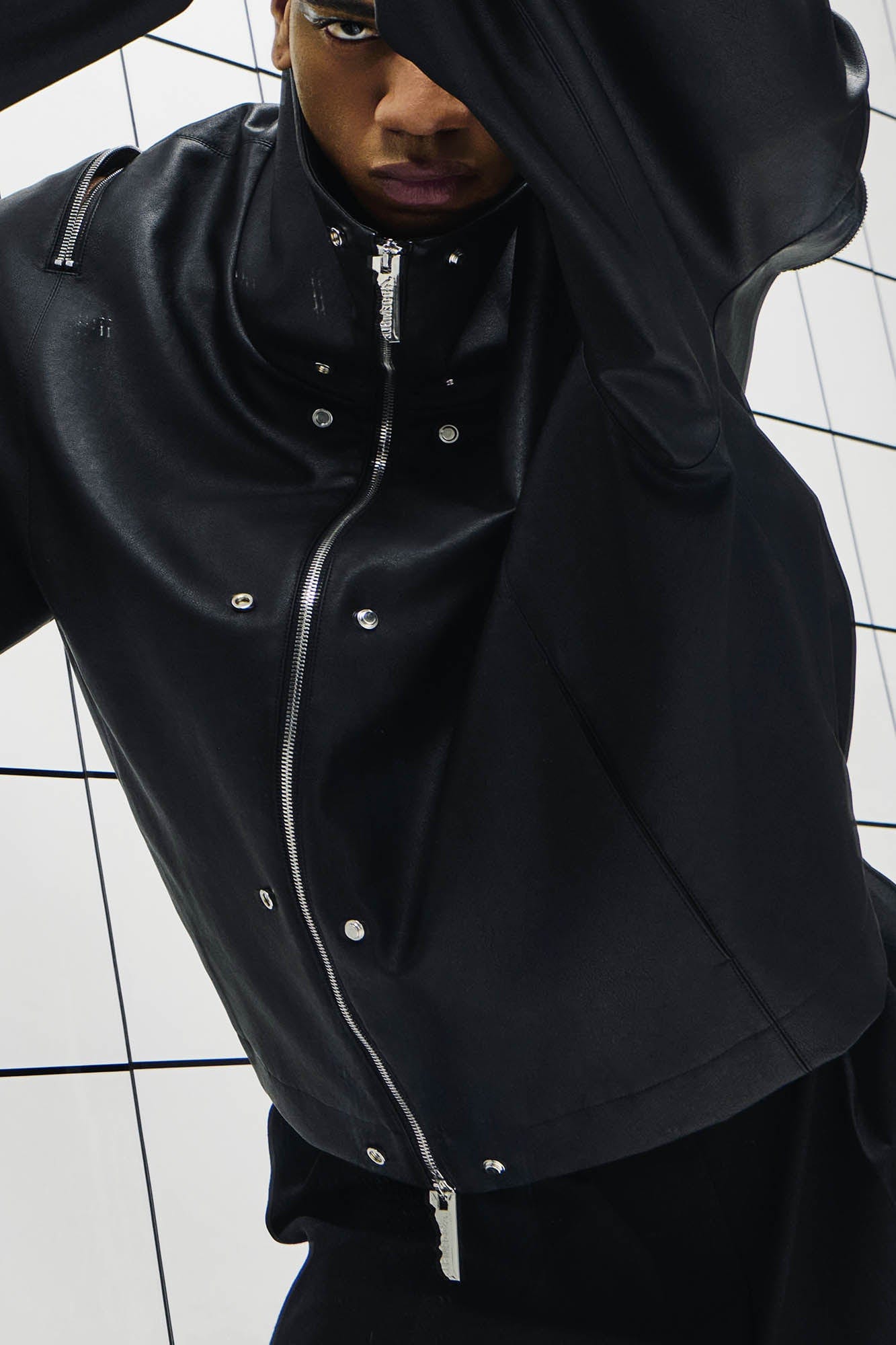 455EMBLE Multi-Zip Studded High-Collar PU Jacket, premium urban and streetwear designers apparel on PROJECTISR.com, 455EMBLE