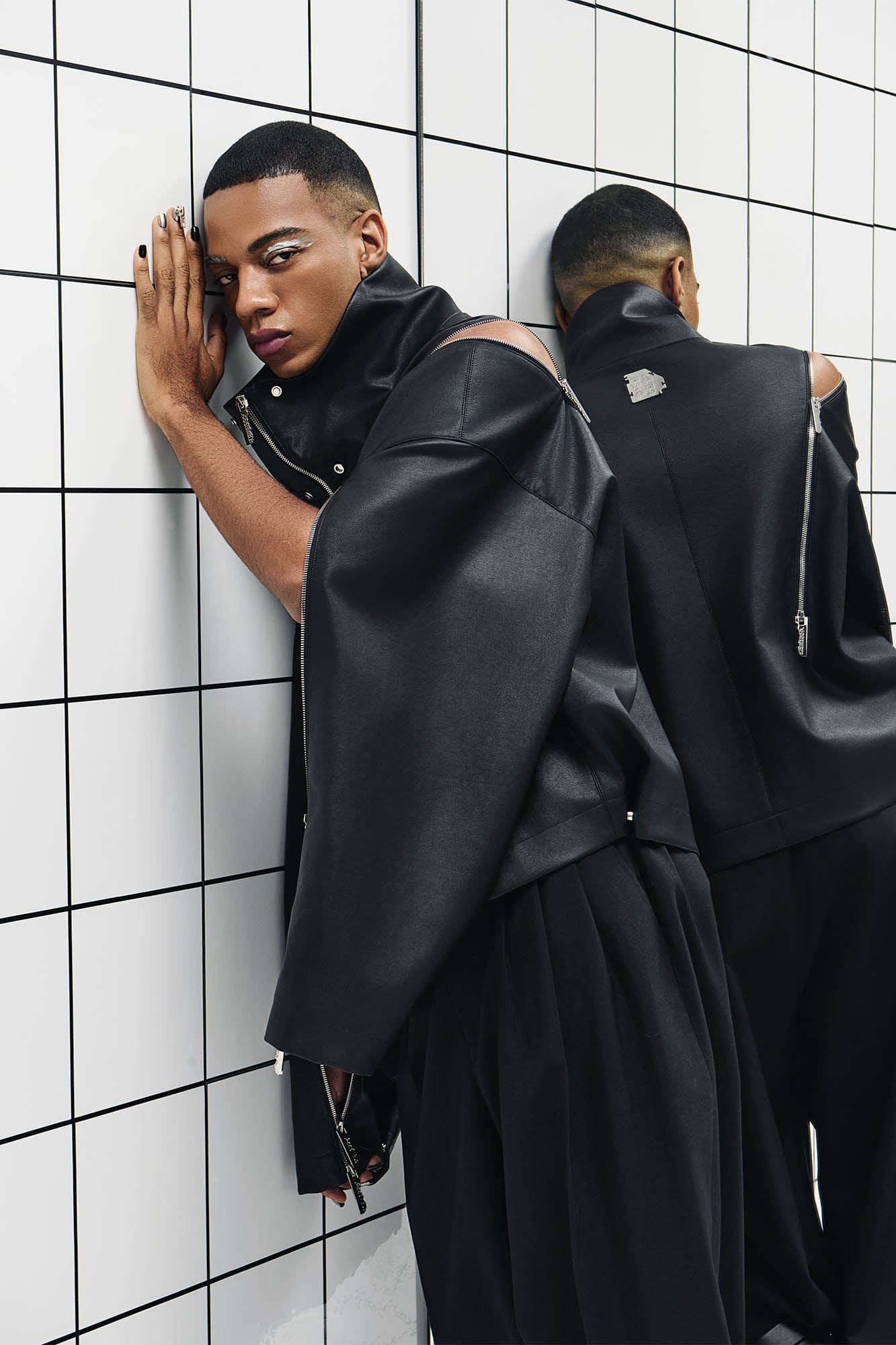 455EMBLE Multi-Zip Studded High-Collar PU Jacket, premium urban and streetwear designers apparel on PROJECTISR.com, 455EMBLE