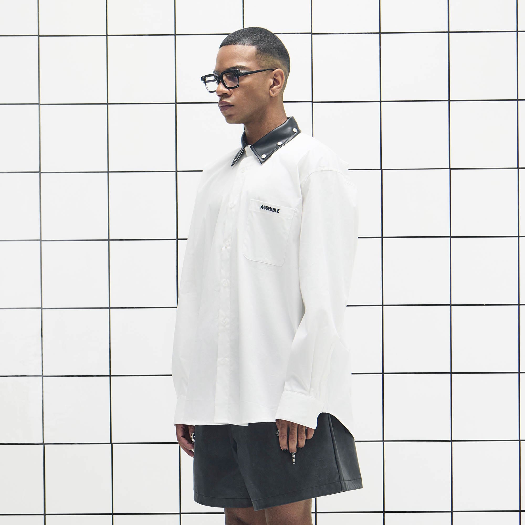 455EMBLE Faux Leather Collar Snap-Fastener Shirt, premium urban and streetwear designers apparel on PROJECTISR.com, 455EMBLE